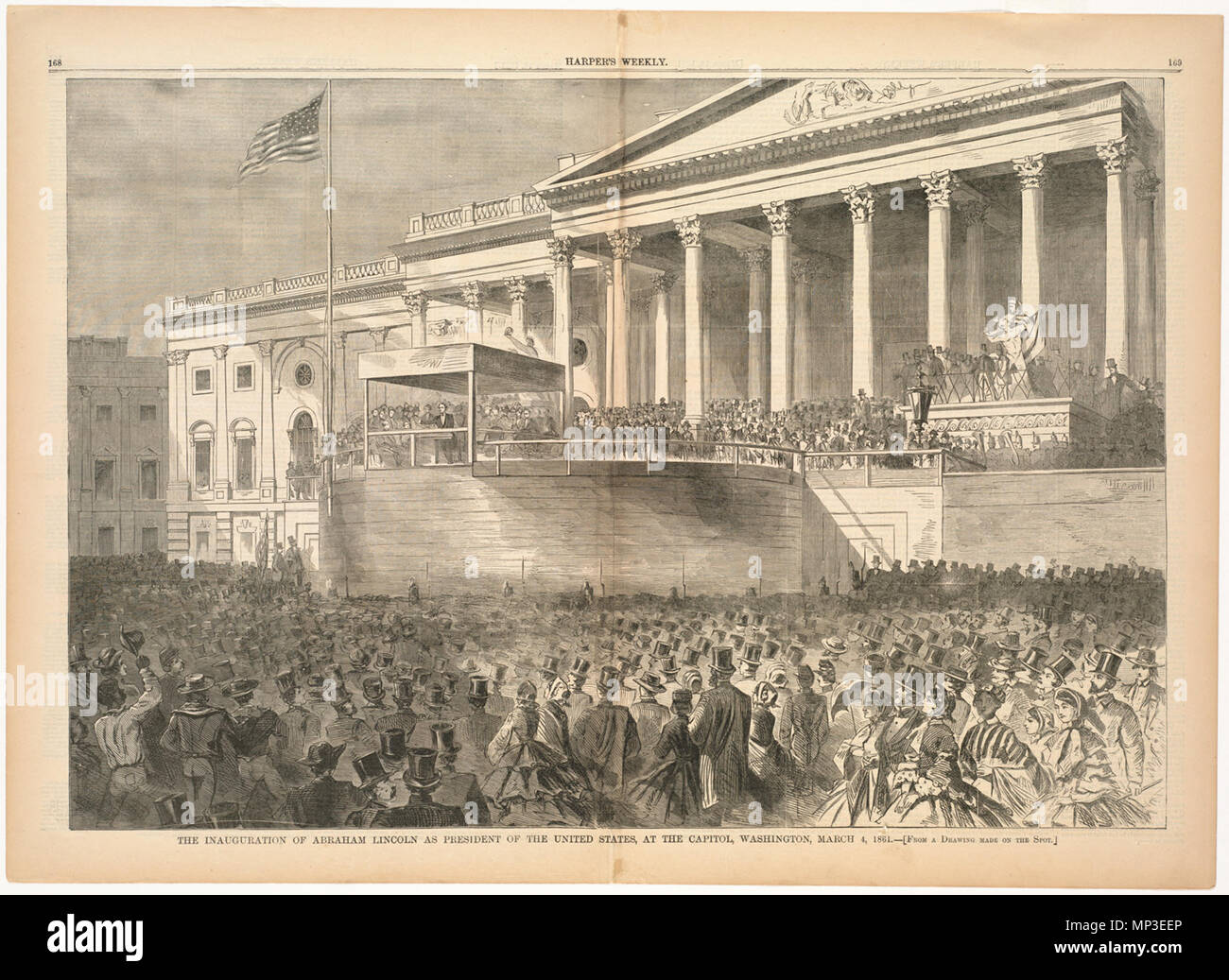 . English:   File name: 10 09 000041 Title: The Inauguration of Abraham Lincoln as President of the United States, at the Capitol, Washington, March 4, 1861 Creator/Contributor: Homer, Winslow, 1836-1910 (artist) Date issued: 1861-03-16 Physical description: 1 print : wood engraving Genre: Wood engravings; Periodical illustrations Notes: Published in: Harper's Weekly, Volume V, 16 March 1861, pp. 168-169.; From a drawing made on the spot. Collection: Winslow Homer Collection Location: Boston Public Library, Print Department Rights: No known restrictions Flickr data on 2011-08-11: Camera: Sinar Stock Photo