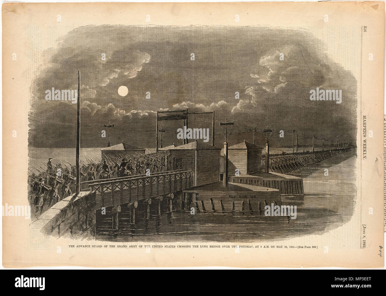 . English:   File name: 10 09 000044 Title: The advance guard of the Grand Army of the United States crossing the Long Bridge over the Potomac, at 2 A.M. on May 24, 1861 Creator/Contributor: Homer, Winslow, 1836-1910 (artist) Date issued: 1861-06-08 Physical description: 1 print : wood engraving Genre: Wood engravings; Periodical illustrations Notes: Published in: Harper's Weekly, Volume V, 8 June 1861, p. 356. Collection: Winslow Homer Collection Location: Boston Public Library, Print Department Rights: No known restrictions Flickr data on 2011-08-11: Camera: Sinar AG Sinarback 54 FW, Sinar m Stock Photo
