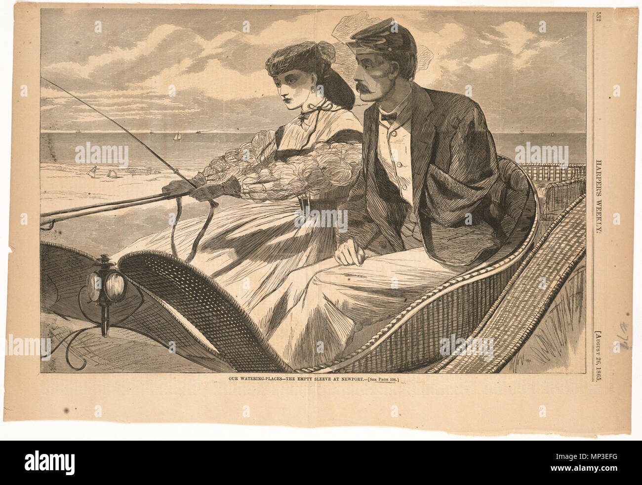 . English:   File name: 10 09 000077 Title: Our watering-places -- The empty sleeve at Newport Creator/Contributor: Homer, Winslow, 1836-1910 (artist) Date issued: 1865-08-26 Physical description: 1 print : wood engraving Genre: Wood engravings; Periodical illustrations Notes: Published in: Harper's Weekly, Volume IX, 26 August 1865, p. 532. Collection: Winslow Homer Collection Location: Boston Public Library, Print Department Rights: No known restrictions Flickr data on 2011-08-11: Camera: Sinar AG Sinarback 54 FW, Sinar m Tags: Winslow Homer User: Boston Public Library BPL  . 23 March 2011,  Stock Photo