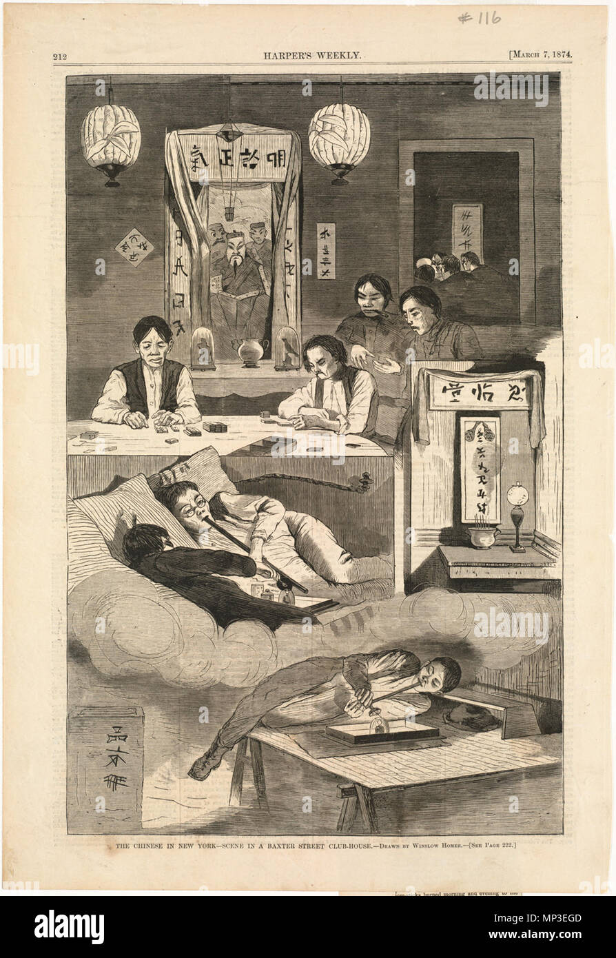 . English:   File name: 10 09 000116 Title: The Chinese in New York -- Scene in a Baxter Street club-house Creator/Contributor: Homer, Winslow, 1836-1910 (artist) Date issued: 1874-03-07 Physical description: 1 print : wood engraving Genre: Wood engravings; Periodical illustrations Notes: Published in: Harper's Weekly, Volume XVIII, 7 March 1874, p. 212.; Drawn by Winslow Homer. Collection: Winslow Homer Collection Location: Boston Public Library, Print Department Rights: No known restrictions Flickr data on 2011-08-11: Camera: Sinar AG Sinarback 54 FW, Sinar m Tags: Winslow Homer User: Boston Stock Photo