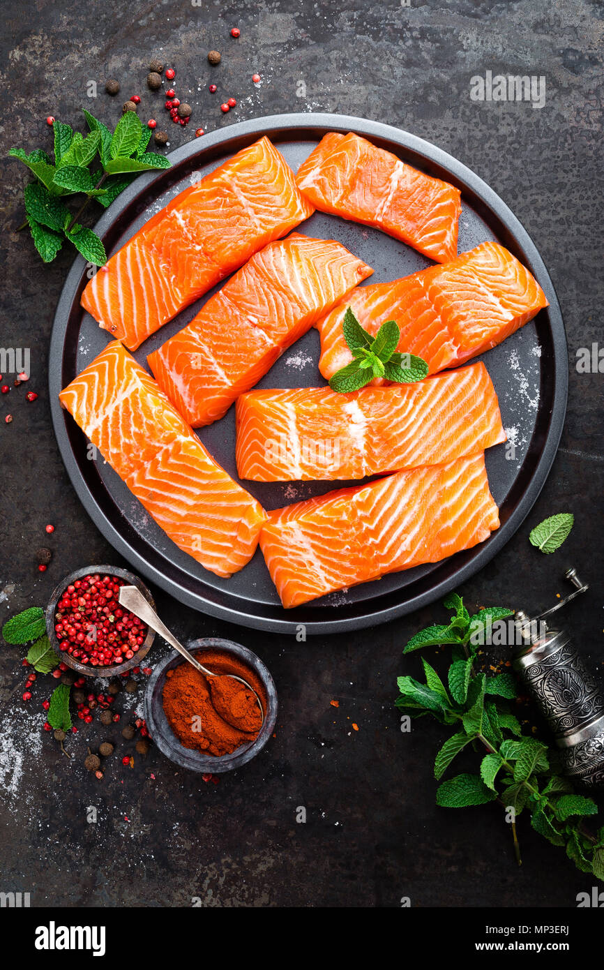 Salmon. Fresh salmon fish. Raw salmon fish fillet. Sea food Stock Photo ...