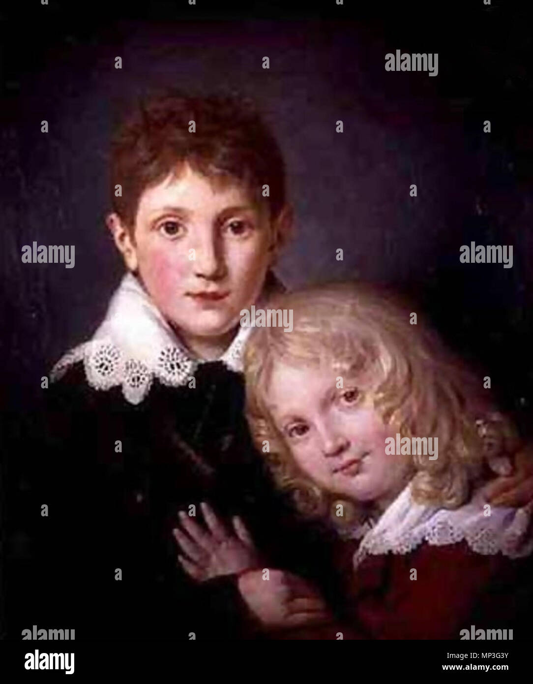 Portrait of Paul and Alfred de Musset . Left: Paul, age 11. Right: Alfred, age 5 . 1815.   965 Paul et Alfred de Musset par Fortune Dufau 1815 Stock Photo