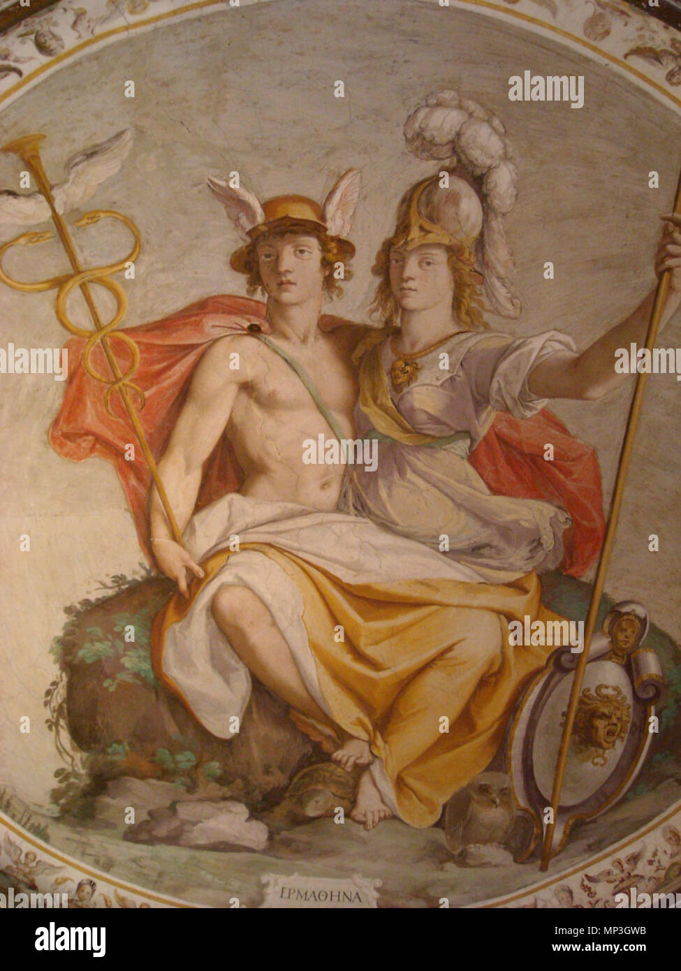 . Dedicated to the study room. Decorated with Hermes and Athena (in Roman mythology Mercury and Minerva), presides over the dome, while the crests are instruments of science and the arts. All this was done by Federico Zuccaro between 1566 and 1569. The representation of these two gods, or fused together as a single form (Hermathena), was widely used in classical iconography, as Hermes represented eloquence and Athena wisdom, the arts and sciences. between 1566 and 1569.    Federico Zuccari  (1539–1609)      Alternative names Federico Zuccari  Description Italian painter and architect  Date of  Stock Photo