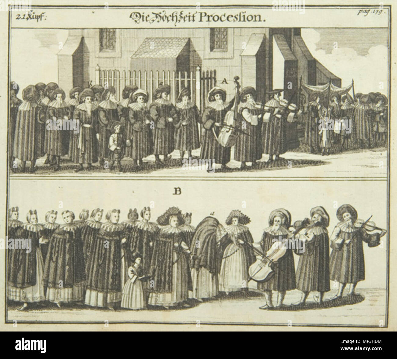 . English: Illustration from Juedisches Ceremoniel, a German book published in Nürnberg in 1724 by Peter Conrad Monath. The book is a beautifully illustrated description of Jewish religious ceremonies, rites of passage and feast days, which first appeared in 1716, here in its second edition of 1724. The extremely detailed plates, by Georg Puschner, depict priestly robes, the celebrations of the New Year, Passover, the weekly Sabbath, circumcision, presentation of the first born, prayer at the synagogue, a wedding procession and a wedding, purification of the bride, the washing of the brother-i Stock Photo