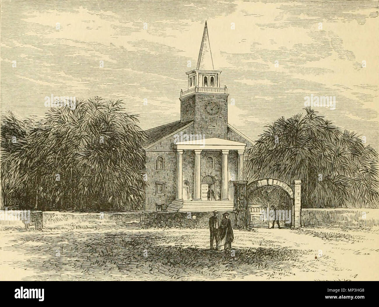 . English: Illustration of Kawaiahaʻo Church, from Northern California, Oregon, and the Sandwich Islands by Charles Nordhoff. before 1875. Unknown 761 Kawaiahao Church illustration, c. 1870s Stock Photo