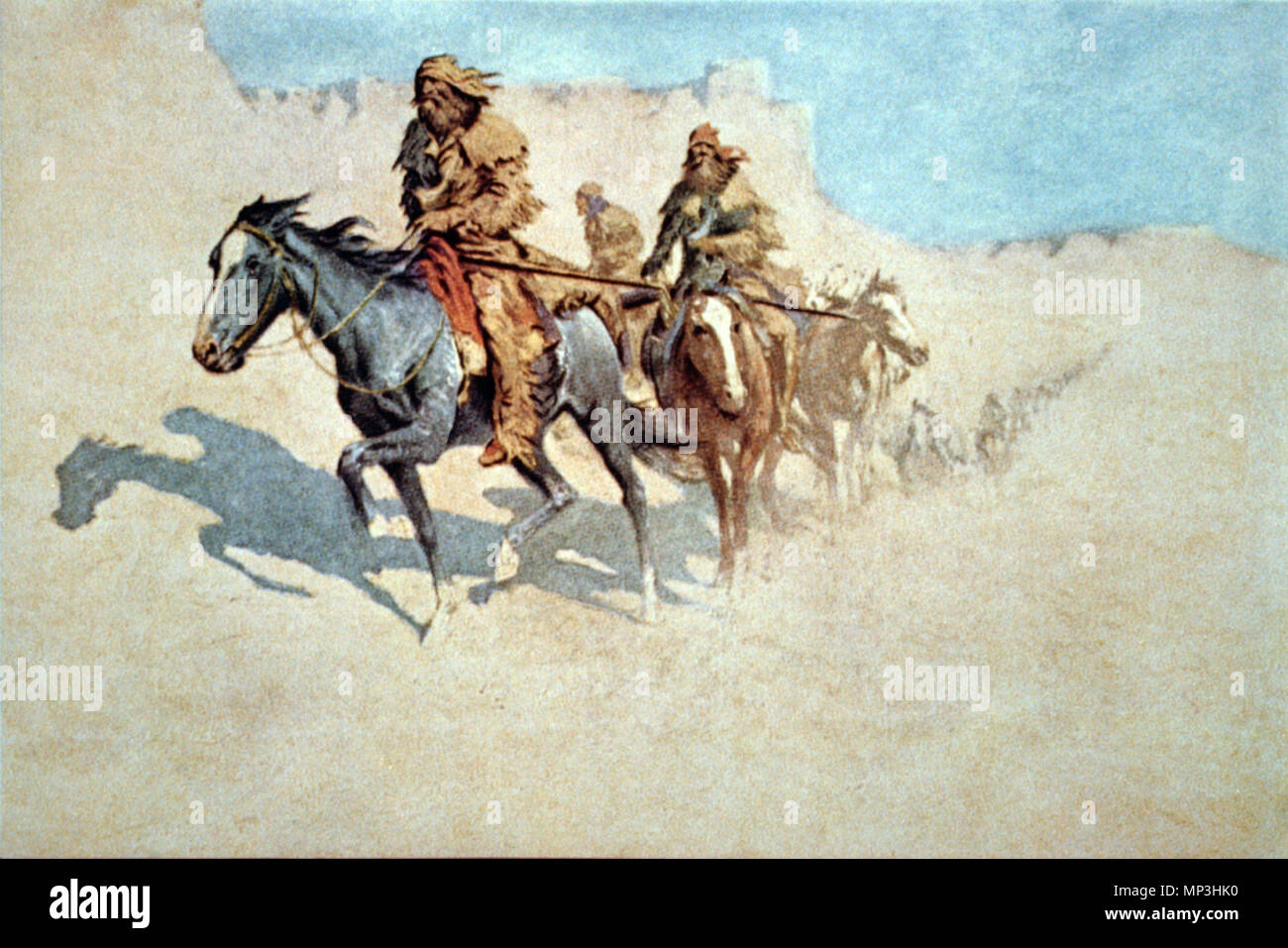 English: Jedediah Smith's party crossing the burning Mojave Desert during  the 1826 trek to California. Color halftone reproduction of painting.  Illustration in: American Heritage Book of the Pioneer Spirit (American  Heritage