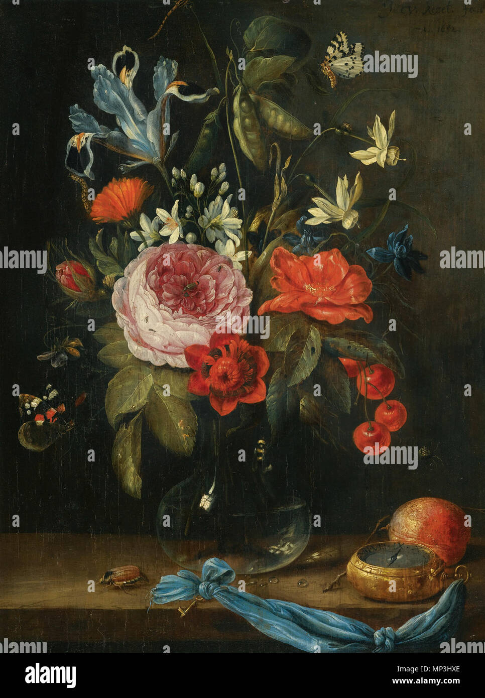 Still life with flowers in a glass vase, with a red admiral butterfly, a bee and other insects, and a pocket watch, a peach and a beetle on the bottom edge  1652.   704 Jan van Kessel de Oude - Stilleven met bloemen in een glazen vaas, samen met een atalanta vlinder etc Stock Photo