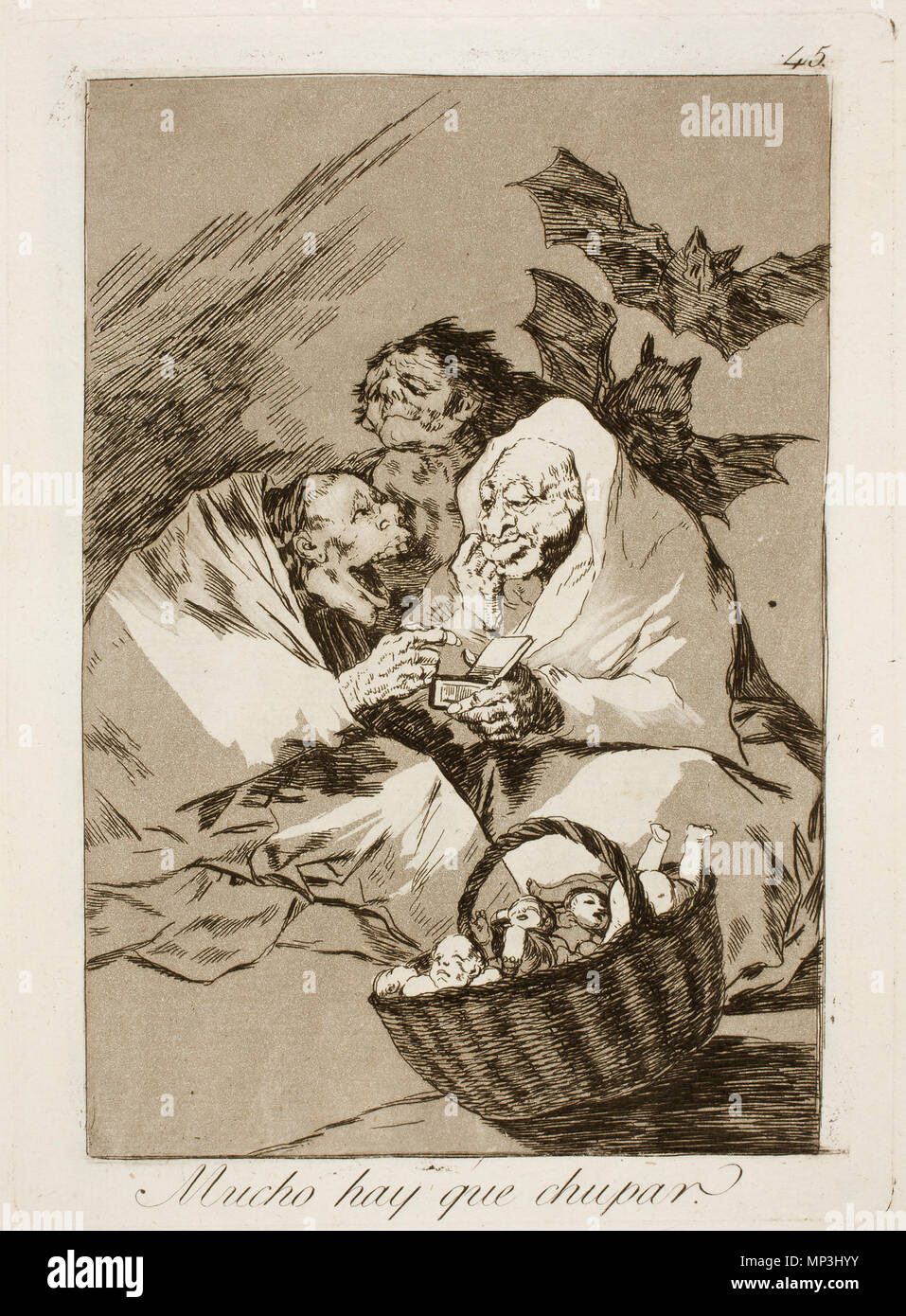 . English: Capricho No. 45 . 25 August 2011, 11:04:04.   Francisco Goya  (1746–1828)      Alternative names Francisco Goya Lucientes, Francisco de Goya y Lucientes, Francisco José Goya Lucientes  Description Spanish painter, printmaker, lithographer, engraver and etcher  Date of birth/death 30 March 1746 16 April 1828  Location of birth/death Fuendetodos Bordeaux  Work location Madrid, Zaragoza, Bordeaux  Authority control  : Q5432 VIAF: 54343141 ISNI: 0000 0001 2280 1608 ULAN: 500118936 LCCN: n79003363 NLA: 36545788 WorldCat 913 Museo del Prado - Goya - Caprichos - No. 45 - Mucho hay que chup Stock Photo