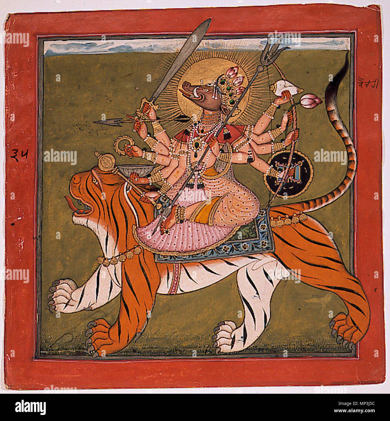 . English: Series Title: Tantric Devi series Suite Name: Tantric Devi series Display Artist: Kripal Creation Date: ca. 1660-1670 Display Dimensions: 8 3/8 in. x 8 7/16 in. (21.27 cm x 21.43 cm) Credit Line: Edwin Binney 3rd Collection Accession Number: 1990.1038 Collection: <a href='http://www.sdmart.org/art/our-collection/asian-art' rel='nofollow'>The San Diego Museum of Art</a> . 6 September 2011, 14:07:57. English: thesandiegomuseumofartcollection 1169 The Boar-faced Goddess, Varahi (6125056778) Stock Photo