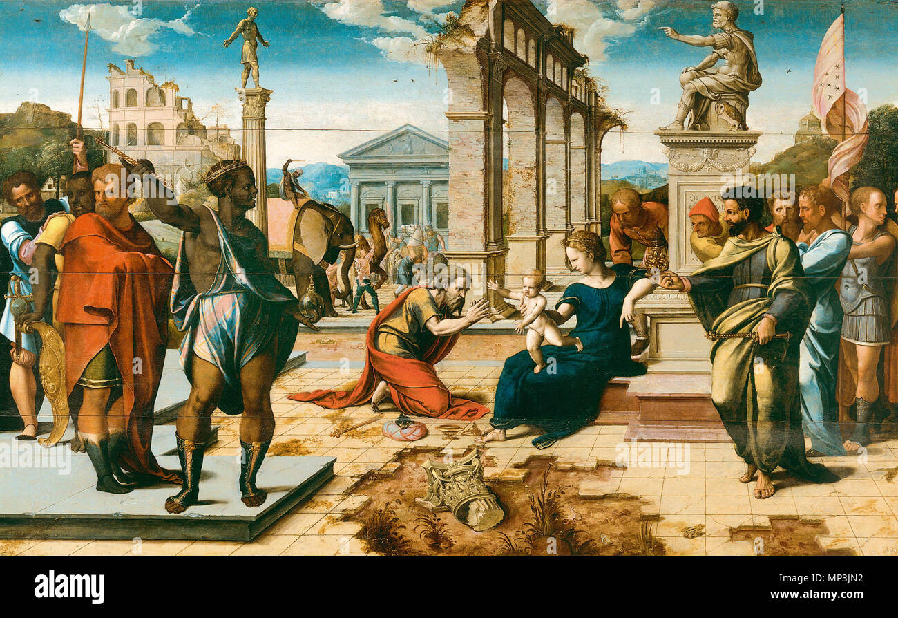 .  Español: La adoración de los Magos, óleo sobre tabla, 108 x 178 cm, Monasterio de El Escorial . circa 1538.   790 Lambert lombard-atribuido Stock Photo