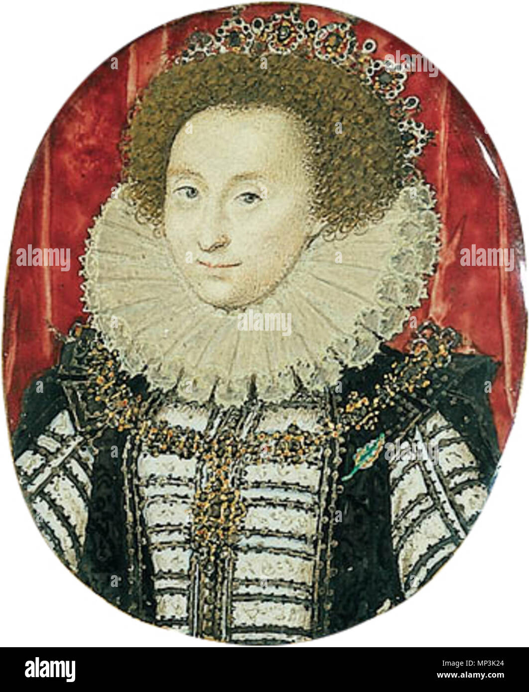 Portrait miniature by Nicholas Hilliard of Lettice Knollys, Countess of Leicester (1543-1634). Yale University.    .  English: Portrait of Lettice Knollys, Countess of Leicester (1543–1634). Folger Shakespeare Library. . between 1590 and 1595.   807 Lettice Knollys c1590-95 Hilliard Stock Photo