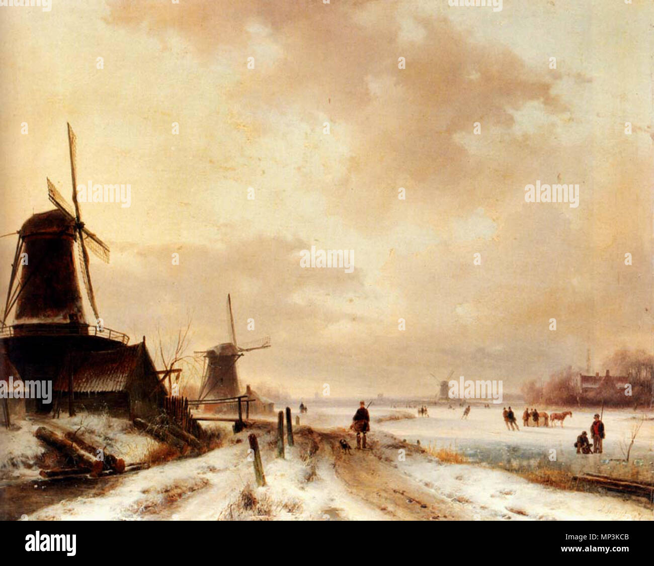 .  English: Winter: a huntsman passing woodmills on a snowy track, skaters on a frozen river beyond Polski: Zima . 19th century.   1099 Schelfhout Andreas Winter Stock Photo