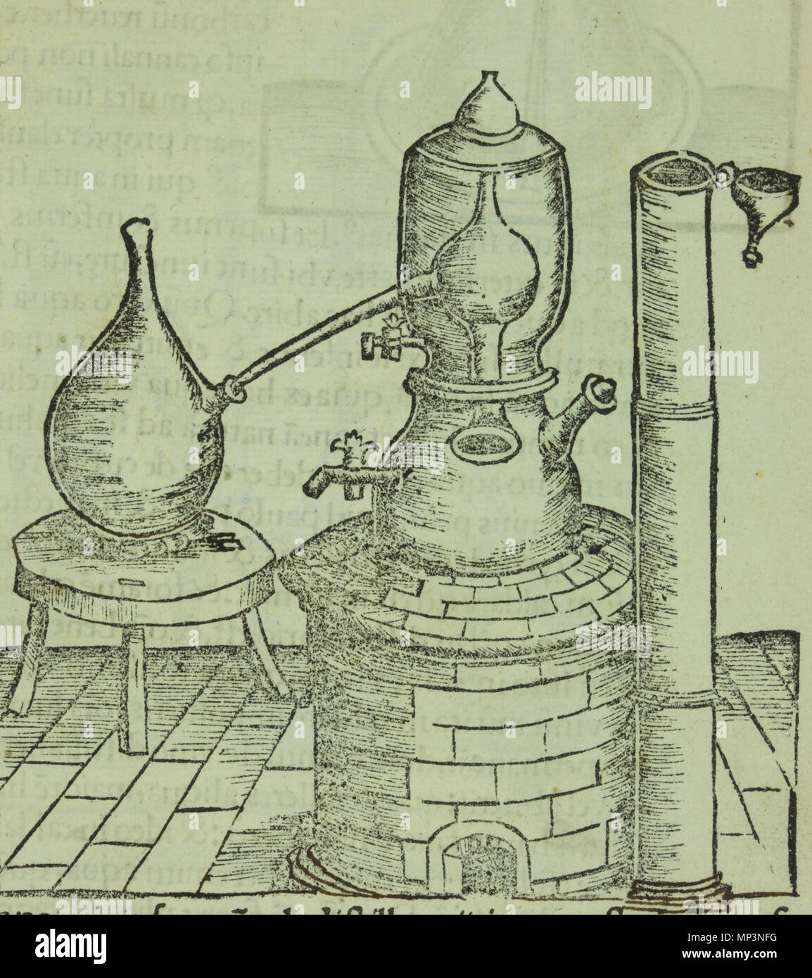 .  English: Detail from Coelum philosophorum, seu De secretis naturae liber / Philippo Ulstadio Patricio nierebergensi authore by Philippus Ulstadius. Argentorati : Arte et impensa Joannis Grienynger, 1528. To distill alcohol—called “the fifth essence”—from wine, Ulstad called for a balneum Mariae, or Mary’s bath, named after the ancient alchemist Mary the Jewess. A flask of wine is placed in a hot-water bath. Above, a jacket of cool water surrounds the alembic (condenser). To this day a double boiler is known as a bain-marie in French, a bagno maria in Italian, and a baño maría in Spanish. .  Stock Photo