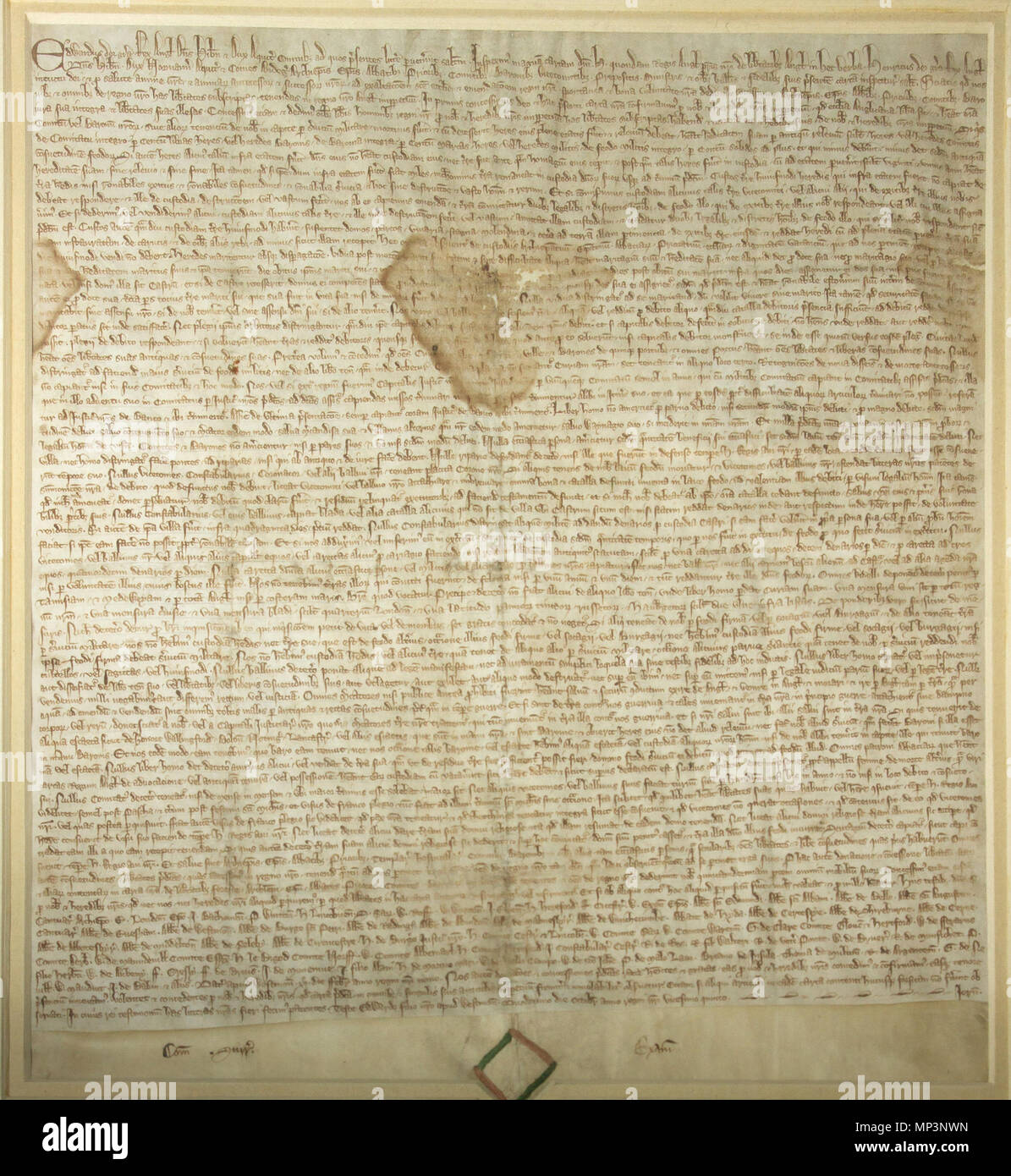 English: A 1297 copy of the Magna Carta which is on display in the Members'  Hall of Parliament House, Canberra, Australia. It was purchased by the  Government of Australia for £12,500