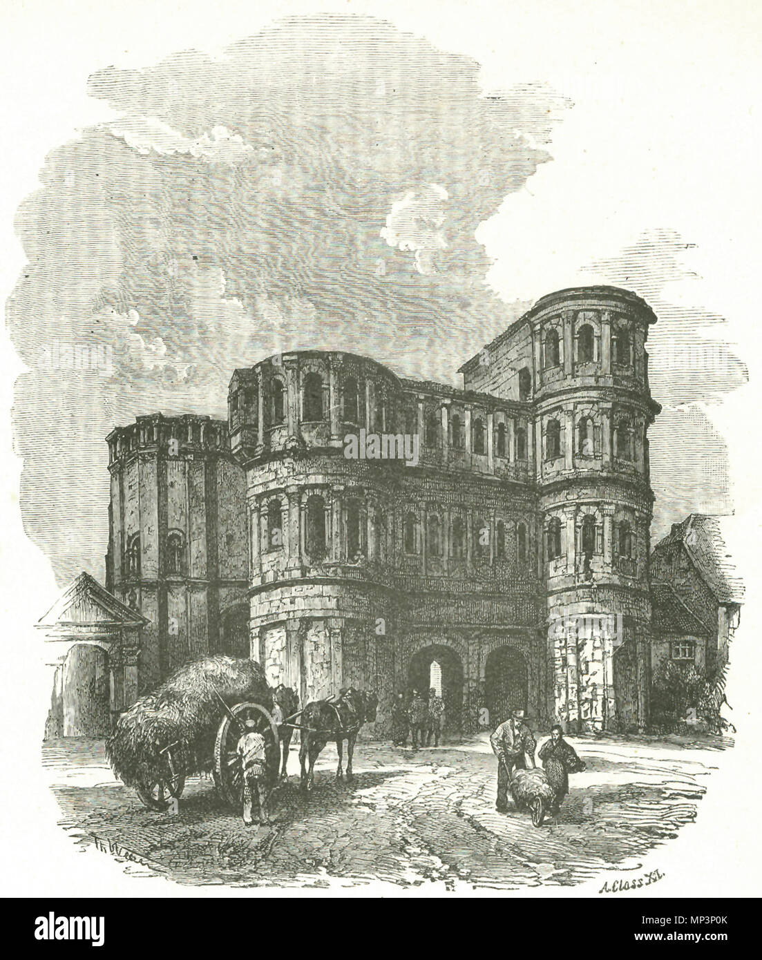 .  Deutsch: Porta nigra in Trier. Gezeichnet von Theodor Weber. Xylographie von A. Cloß. Illustration in: Die Rheinfahrt. Von den Quellen des Rheins bis zum Meere. Stuttgart, Verlag von A. Kröner 1876. Hier nach: Bilder-Album zur neueren Geschichte des Holzschnitts in Deutschland. Hrsg. vom Albertverein. Mit Text von Herm. Lücke. Leipzig: E. A. Seemann 1877, S. 61. . 1877.   1185 Theodor Weber Porta nigra in Trier Stock Photo