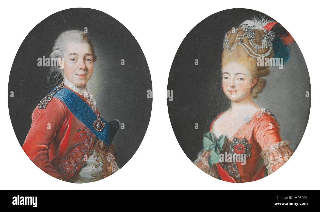 .  A PAIR OF MINIATURE PORTRAITS OF PAUL I AND MARIA FEDOROVNA READ CONDITION REPORT SALEROOM NOTICE PROVENANCE Acquired in Russia by Gilbert Romme circa 1788 Thence by descent CATALOGUE NOTE Gilbert Romme (1750-1795), a French politician and mathematician. spent five years in Russia from 1783-88, during which time he was the tutor to Count Pavel Stroganov (1774 –1817). Following Catherine II's death in 1796, Stroganov became Chamberlain to Paul I. According to family tradition, the offered portraits were a gift from Stroganov to Romme. 18th century.   966 Paul I with wife after A.Roslin (18th Stock Photo