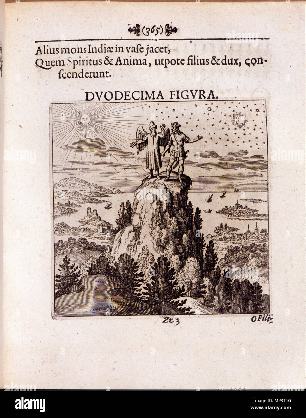 Duodecima Figura .  English: “Duodecima Figura” (Figure Twelve), engraved by Matthaeus Merian (1593–1650). Figure 12 from Lambsprinck's De Lapide Philosophico [On the Philosophers' Stone] as published in the Musaeum hermeticum, reformatum et amplificatum. Francofurti : Apud Hermannum à Sande, 1678. In Latin. Two male figures are standing on top of a tree-covered mountain. The being on the left has wings and a hat. The person on the right bears a sword. To their left is the sun, to the right is the moon. Below are lakes, sailing ships, and towns. The top of the page reads 'Alius mons Indiae in  Stock Photo