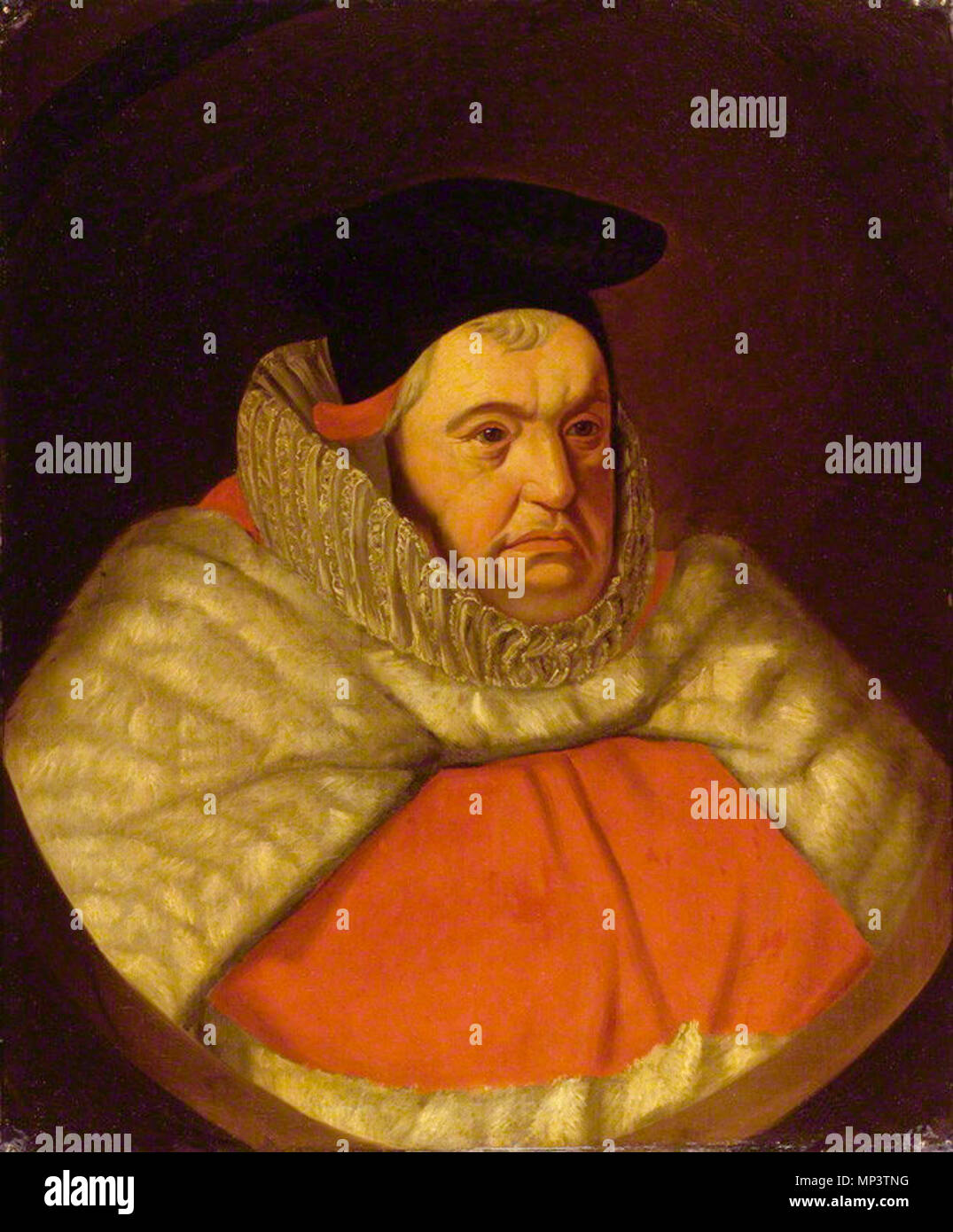 by Unknown artist, oil on canvas, feigned oval, probably late 17th century   English: Sir John Doddridge (or Doderidge).  English: A painted portrait of Sir John Doddridge (1555–1628), an English lawyer who was appointed Justice of the King's Bench in 1612 and served as Member of Parliament for Barnstaple in 1589 and for Horsham in 1604. (The oval shape of the portrait is feigned.) . probably late 17th century.   732 John Doddridge Stock Photo