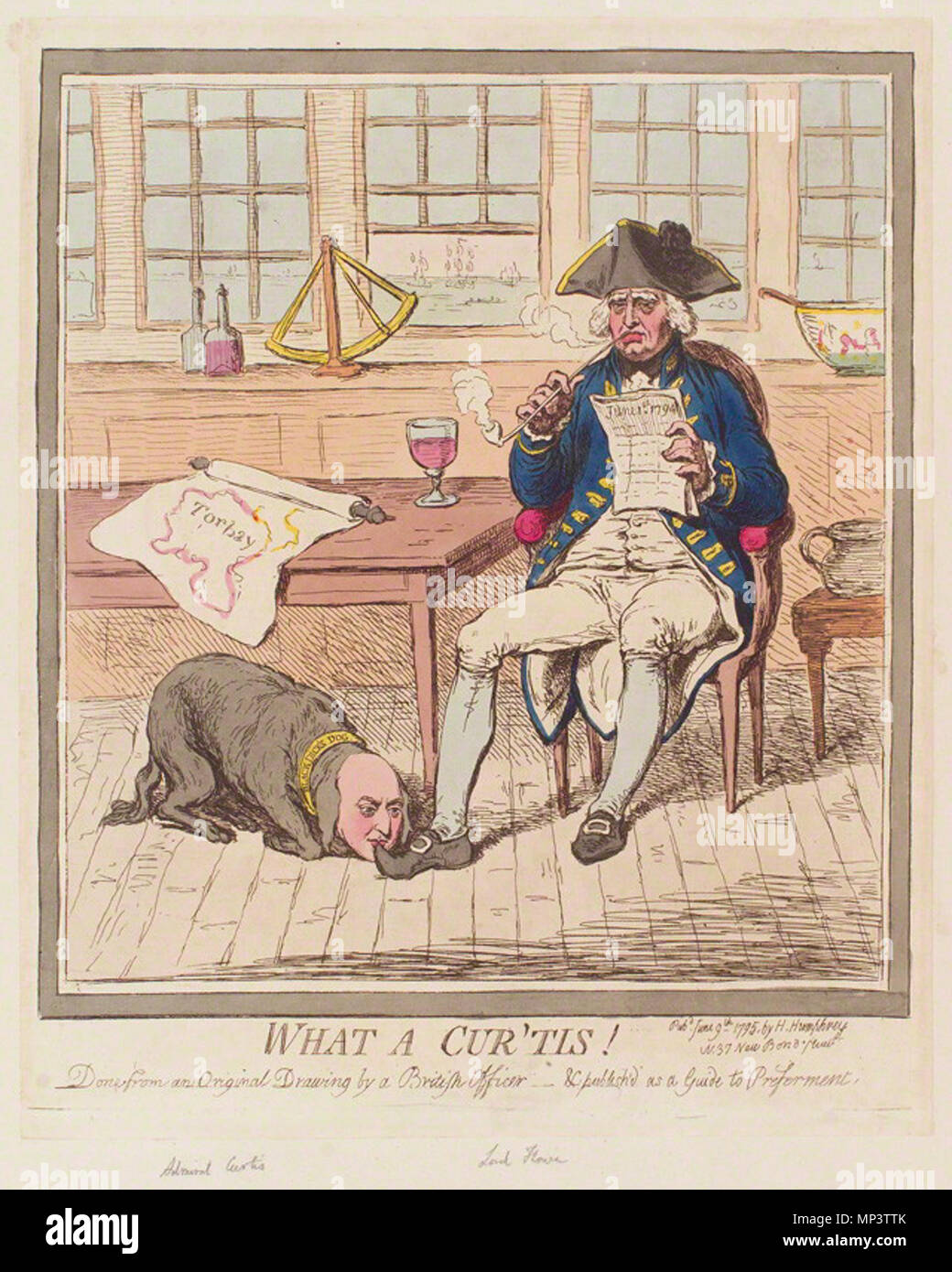 by James Gillray, published by  Hannah Humphrey, hand-coloured etching, published 9 June 1795    . English: A satirical etching that portrays Sir Roger Curtis as Lord Howe's dog. 9 June 1795.   James Gillray  (1756–1815)      Alternative names James Gilray; Gillay; Gillray  Description British caricaturist and engraver  Date of birth/death 13 August 1756 1 June 1815  Location of birth/death London London  Work location London  Authority control  : Q520806 VIAF: 66735065 ISNI: 0000 0000 8390 3643 ULAN: 500017355 LCCN: n50033402 NLA: 35125322 WorldCat 1257 What a cur 'tis Stock Photo