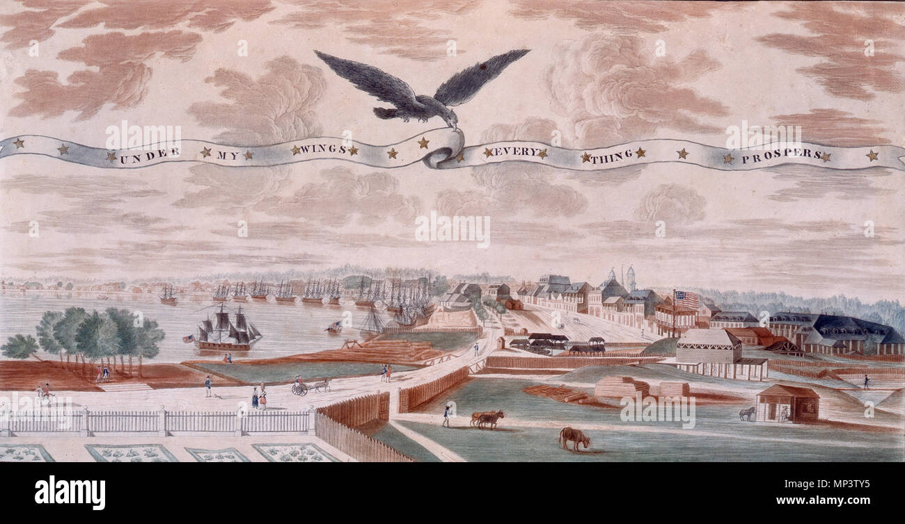 . New Orleans in 1803. 'Under My Wings Every Thing Prospers' by New Orleans artist J. L. Bouqueto de Woiseri, to celebrate his pleasure with the Louisiana Purchase and his expectation that economic prosperity would result under U.S. administration. US eagle hovers above a view of the city holding in its beak a banner reading 'UNDER MY WINGS EVERY THING PROSPERS'. View of the city's looking upriver from the riverfront of the Marigny plantation. 1803. J. L. Bouqueto de Woiseri 1234 View of New Orleans Under My Wings Every Thing Prospers Crop 1 Stock Photo