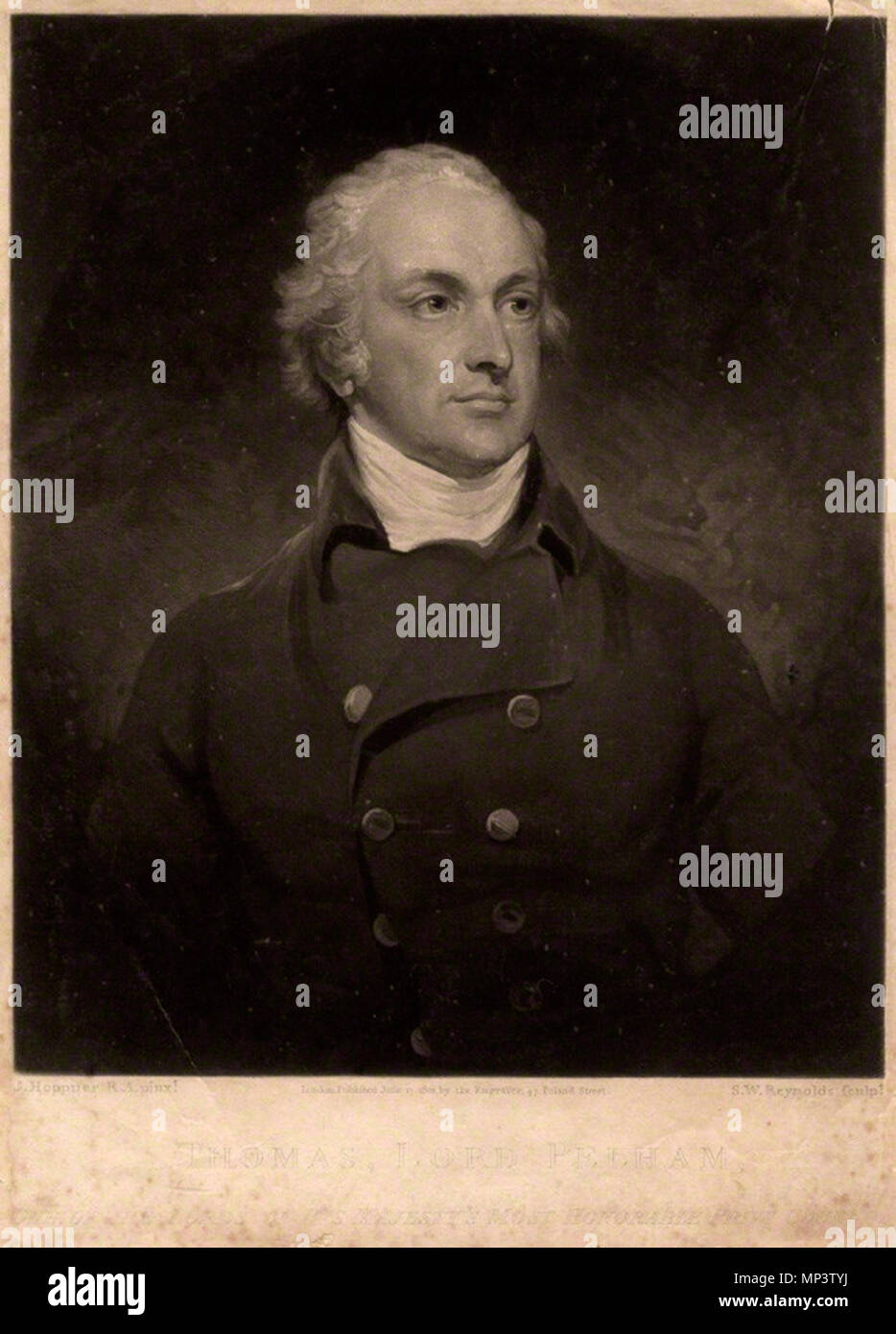 by and published by Samuel William Reynolds, after  John Hoppner, mezzotint, published 17 June 1802    . Portrait of Thomas Pelham, 2nd Earl of Chichester by Samuel William Reynolds (1773-1835), after John Hoppner (1758-1810). Published by Samuel William Reynolds. published 17 June 1802.   1022 Portrait of Thomas Pelham 2nd Earl of Chichester Stock Photo