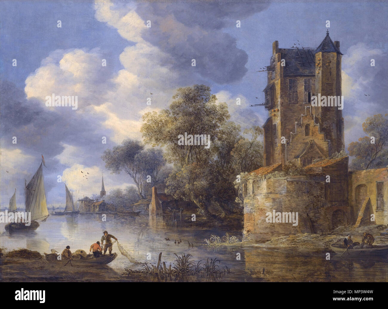 River landscape with a bastion *oil on canvas *98.2 x 133.5 cm *signed l.r.  AVK . English: River landscape with a bastion . 17th century. Adriaen van  der Cabel (1630/1631–1705) Alternative names