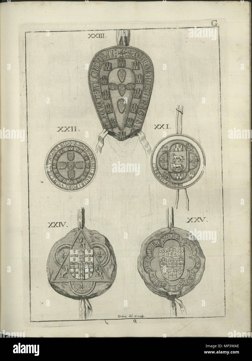 . English: Seals Portugal, illustration from Antonio Caetano de Sousa, História genealogica da Casa Real Portugueza, t. IV, Lisbon, 1738 XXI - Isabel de Portugal y Manuel, lady of Visacaya, Letter to the monastery S. Vincente de Fora, 1324 XXII - Lesser seal of king Dinis of Portugal, contract with the monastery S. João de Tarouça, 1st of May 1306 XXIII - greater seal of king Dinis, donation to the city of Arronches, 14 january 1288 XXIV, XXV - Seals of Don Afonso Sanches, son of this king, 18 october 1318.  . 1738. Antonio Caetano de Sousa (1674-1759) 1107 Seals of the royal house of Portugal Stock Photo