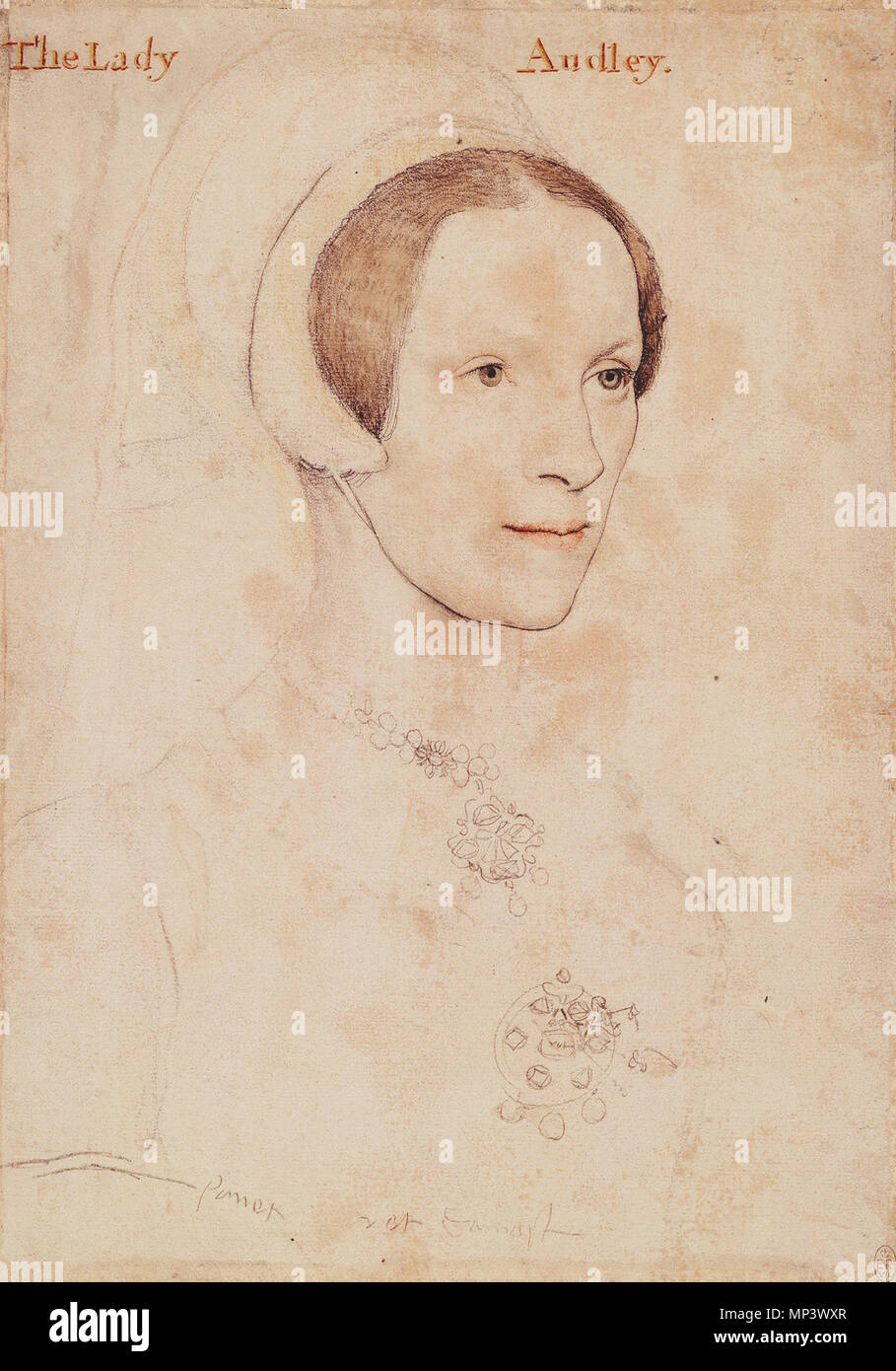 . English: Portrait of Lady Audley. Coloured chalks, silverpoint, pen and ink on pink-primed paper, 29.2 × 20.7 cm, Royal Collection, Windsor Castle. The drawing is inscribed, by a later hand than Holbein's, 'The Lady Audley'. There were two ladies called Elizabeth, Lady Audley. One was the daughter of Sir Brian Tuke, whom Holbein also painted; but she did not become Lady Audley until 1557. The more likely sitter is Elizabeth Grey (d. 1564), who married Lord Audley of Walden in 1538. This study was used for Holbein's miniature portrait of the same sitter, probably scaled down with compasses (S Stock Photo