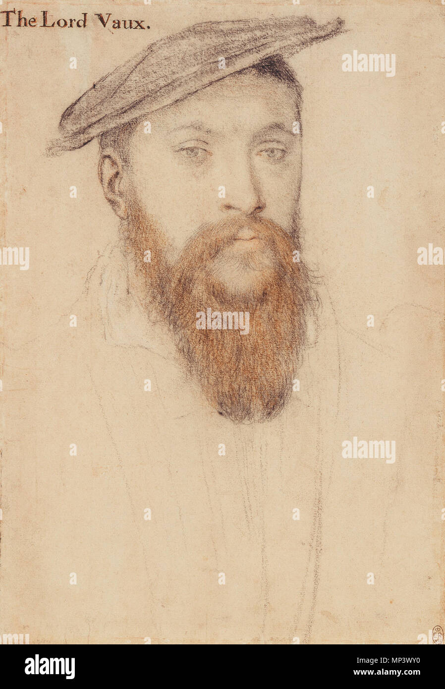 . English: Portrait of Thomas, Lord Vaux. Black and coloured chalks on pink-primed paper, 29.1 × 20.6 cm, Royal Collection, Windsor Castle. The drawing has been very badly rubbed and is clearly reworked. Traces of Holbein's original left-handed shading are, however, discernible in the hat. K. T. Parker, in his study of the Windsor drawings, attributed this 'much injured' study to Holbein, noting that 'the comparatively unscathed passage of the ear is finely drawn' (Parker, 44). Thomas Vaux, 2nd Baron Vaux of Harrowden, was a poet, the author of posthumous verses in Tottel's Miscellany, 1557. H Stock Photo