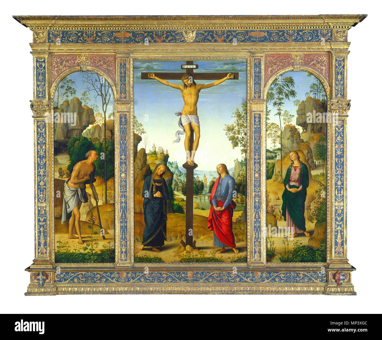Pietro Perugino, The Crucifixion with the Virgin, Saint John, Saint Jerome, and Saint Mary Magdalene [left panel], Italian, c. 1450 - 1523, c. 1482/1485, oil on panel transferred to canvas, Andrew W. Mellon Collection   Galitzin-Triptych Alternative title(s): Crucifixion with Mary and Saint John Evangelist, and Saint Mary Magdalene (right) . the landscape is painted in the serene atmosphere of the scene, influence of flemish paintings . between 1482 and 1485.   974 Perugino - The Crucifixion with the Virgin, Saints John, Jerome, and Mary Magdalene - Galitzin-Triptych Stock Photo