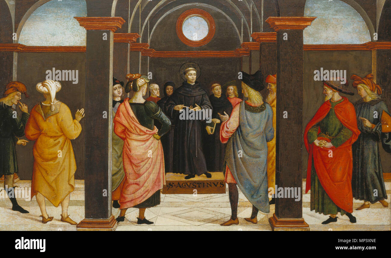 Der Heilige Augustinus disputiert mit dem Häretiker Fortunatus. 25485 1149 Städel Umbrischer Meister Legende Augustinus 04 Stock Photo