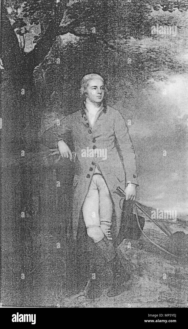 .  English: Portrait of Sir John William de la Pole, 6th Baronet (1757-1799), standing in hunting apparel, with hat and whip in his left hand, published in Turner, Maureen A., The Building of New Shute House 1787-1790, MA dissertation, University of Exeter, Sept 1999, plate 2.15, opp. p.53, unknown collection, possibly at Antony House, Cornwall. Pair to portrait of Lady Anne de la Pole (nee Templer) (1758-1832) by George Romney (1734-1802), painted in 1786, sold by Sir Frederick Arundell de la Pole, 11th Baronet (1850-1926) at auction at Christie's London on 13th July 1913, purchased by the de Stock Photo