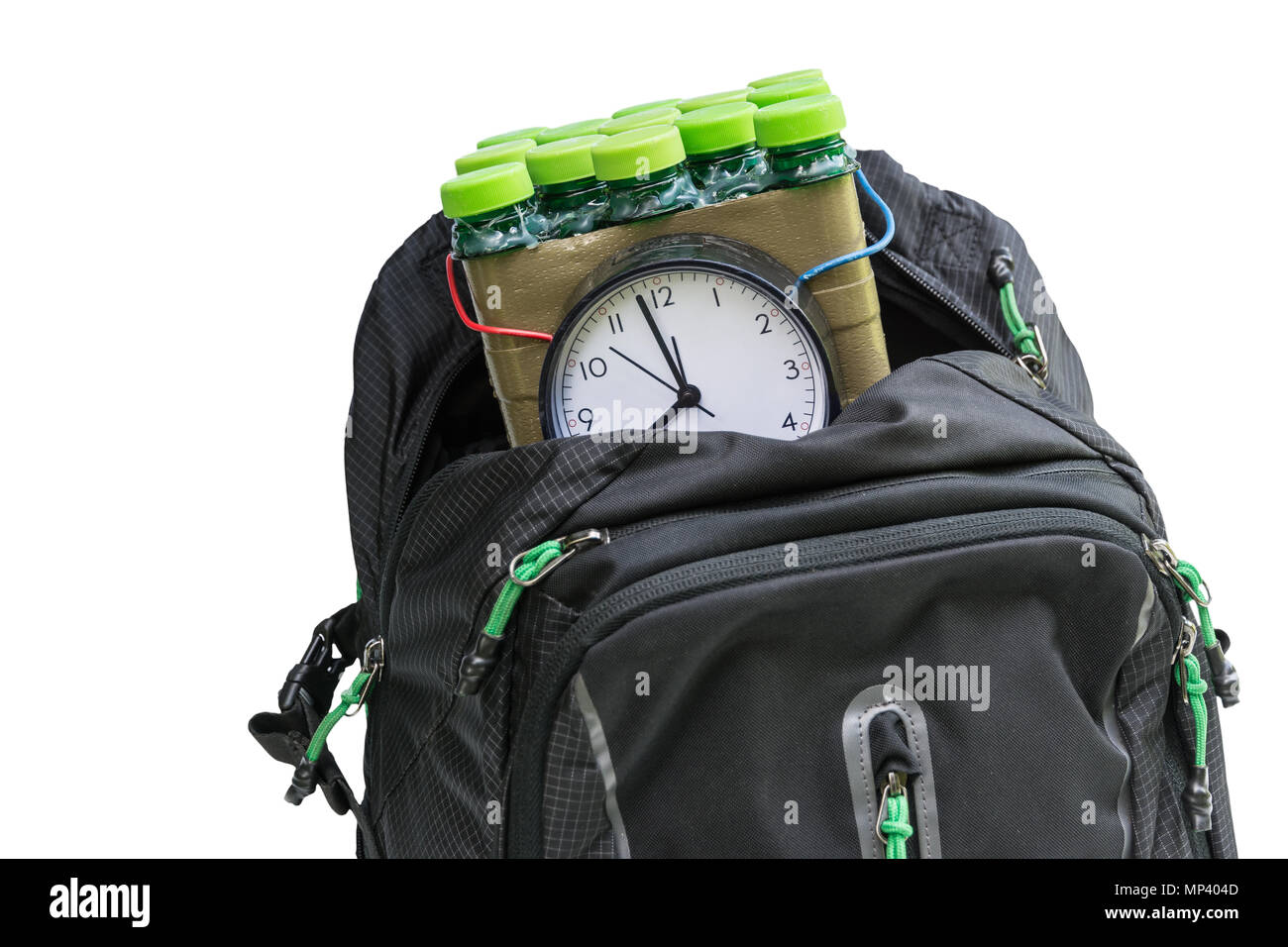 Timed bomb in the backpack. Detail of black rucksack with imitation of dangerous explosive. Isolated on a white background. Terroristic attack. Stock Photo