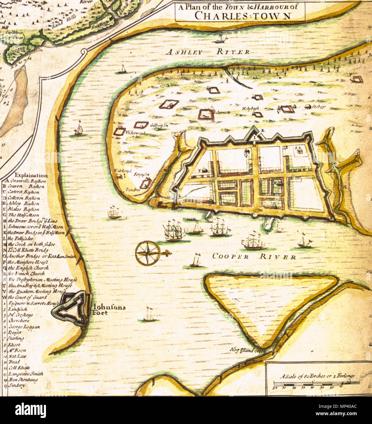 Plan of Charlestown at the time of Blackbeard   17th century.   851 Map of Charlestown Stock Photo