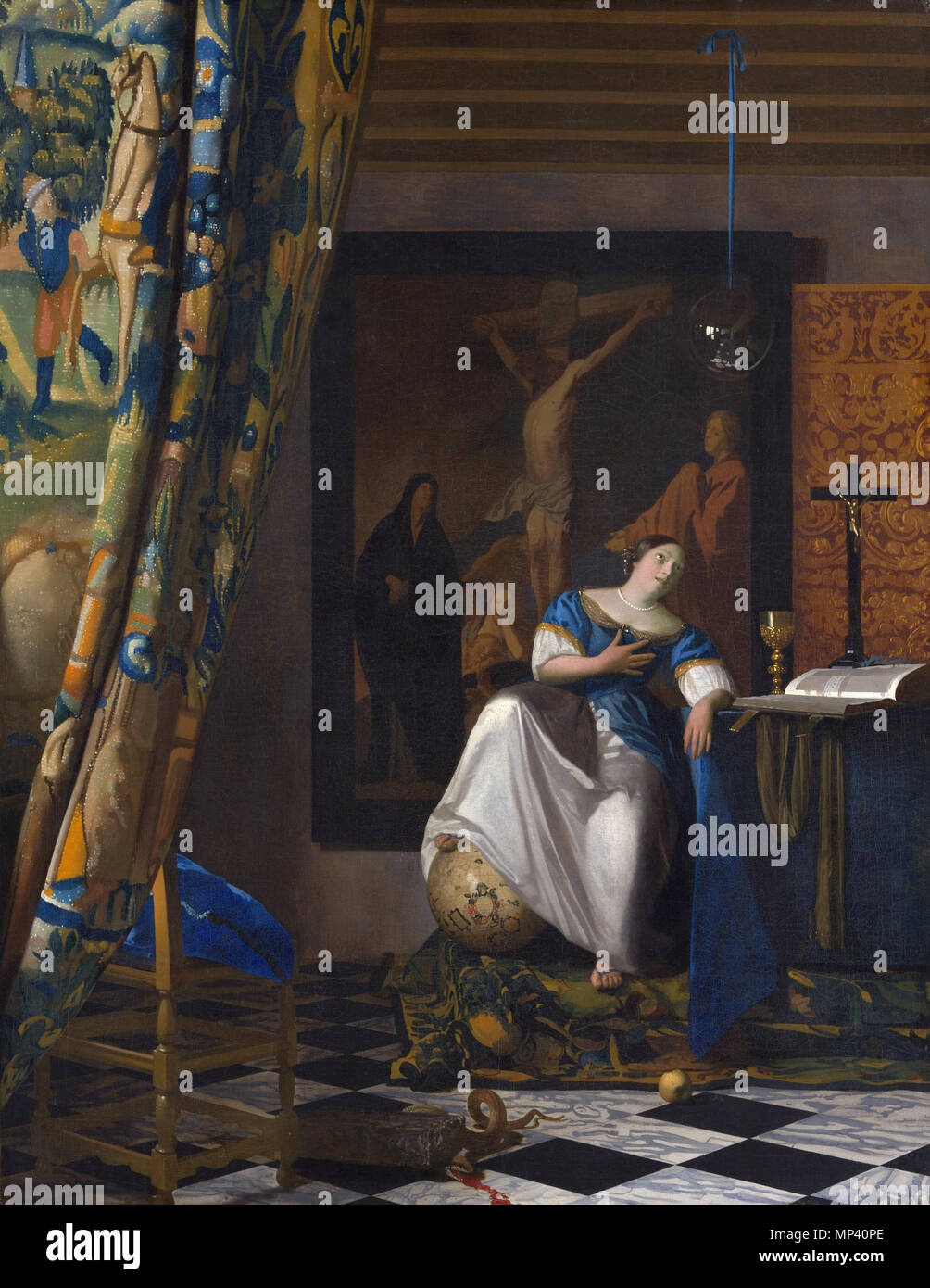 Allegory of the Catholic Faith  *oil on canvas  *114.3 x 88.9 cm  *ca. 1670–72   The Allegory of the Faith   circa 1670.   1230 Vermeer The Allegory of the Faith Stock Photo