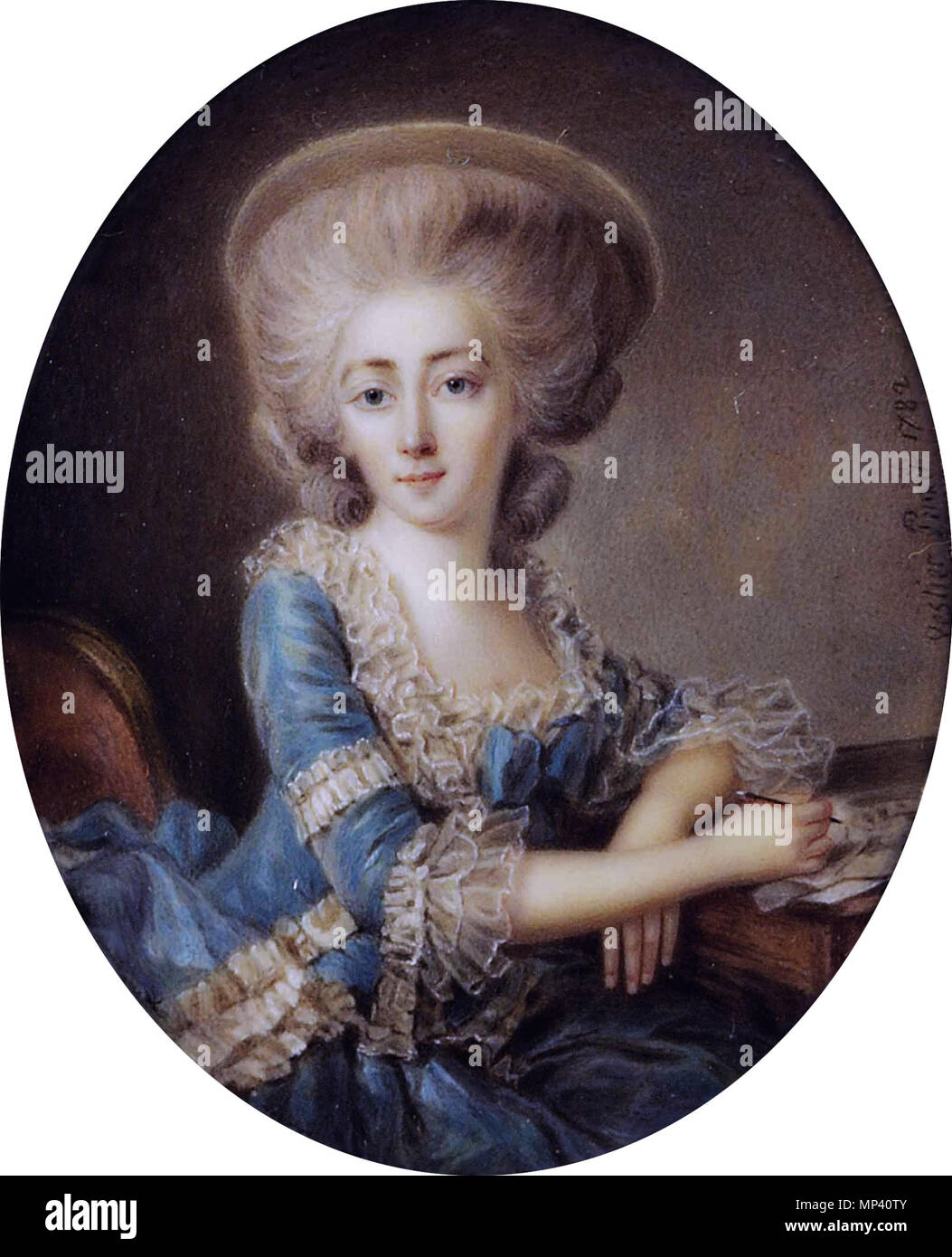 Madame de Montesson (1738-1806)  *on ivory  *oval 8.1 cm  *signed c.r.: Vestier Pinxit 1782    . English: Madame de Montesson (1738-1806) on ivory oval 8.1 cm signed c.r.: Vestier Pinxit 1782  . 1782.   Antoine Vestier  (1740–1824)     Alternative names M. Vestier; Vestier  Description French painter  Date of birth/death 28 April 1740 24 December 1824  Location of birth/death Avallon Paris  Work location Amsterdam, London, Paris  Authority control  : Q2389104 VIAF: 5199138 ISNI: 0000 0000 6656 3296 ULAN: 500016254 LCCN: nr90010017 GND: 118934775 WorldCat 839 Madame de Montesson (1738-1806), by Stock Photo