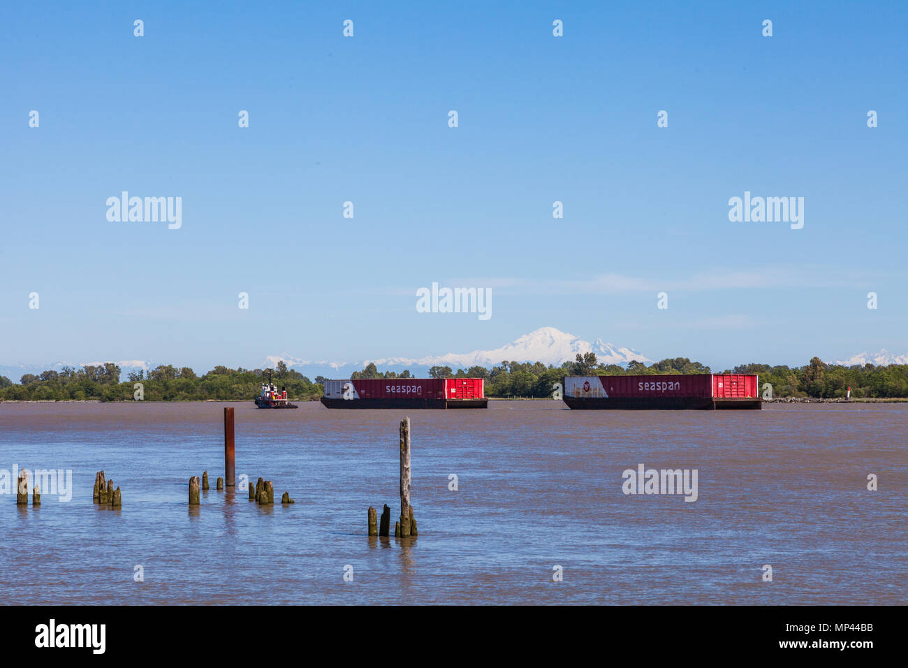 Tugboat towing two large barges up the Fraser River with Mount Baker in the background Stock Photo