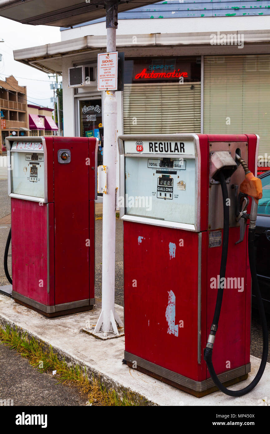 Vintage gas pumps at an old garage in the village of Steveston in British  Columbia, Canada Stock Photo - Alamy