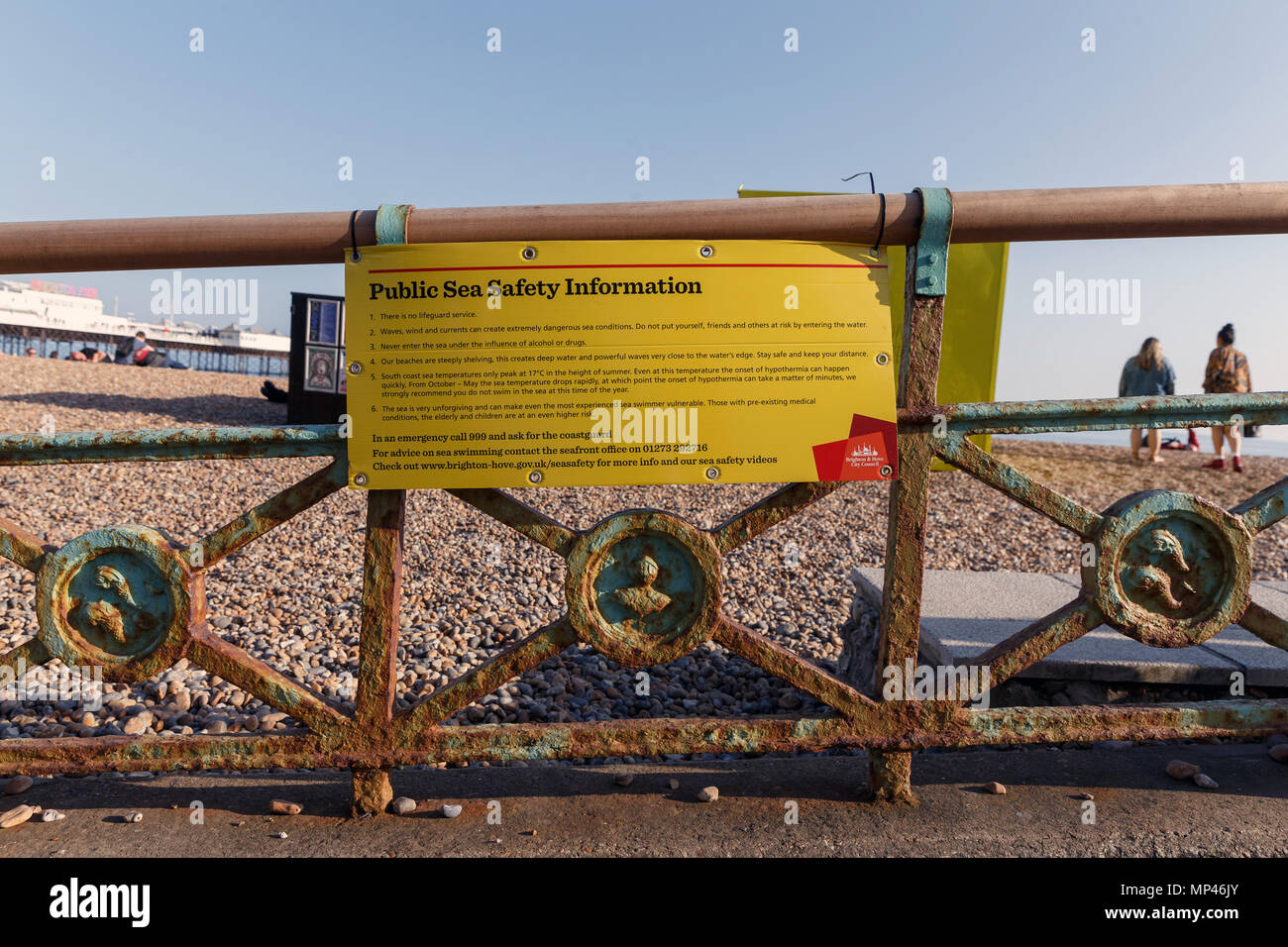 Public Sea Safety Information displayed on Brighton beach. Stock Photo