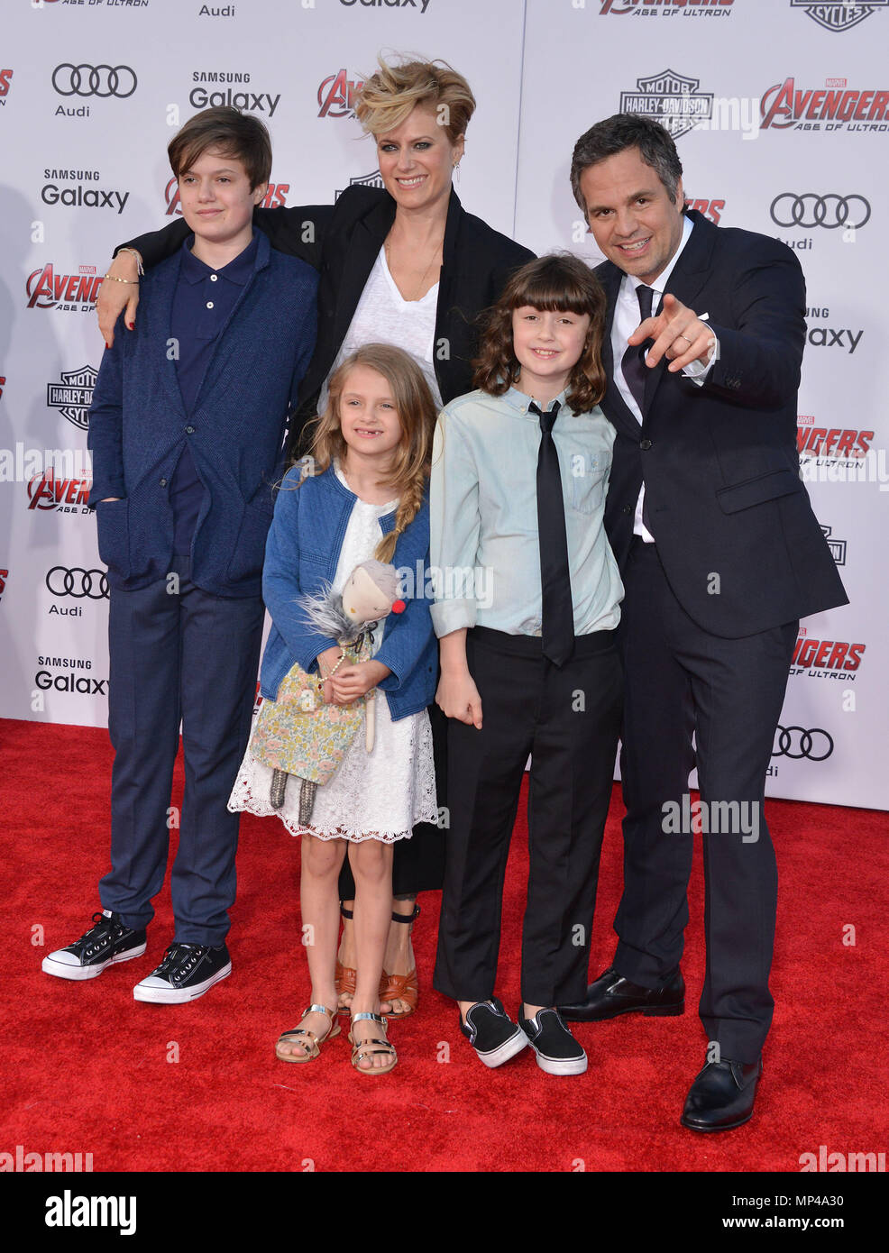 Sunrise Coigney, actor Mark Ruffalo, Keen Ruffalo, Bella Noche and Odette  Ruffalo at the Avengers Age of Ultron Premiere at the Dolby Theatre in Los  Angeles. April, 13, 2015.Sunrise Coigney, actor Mark