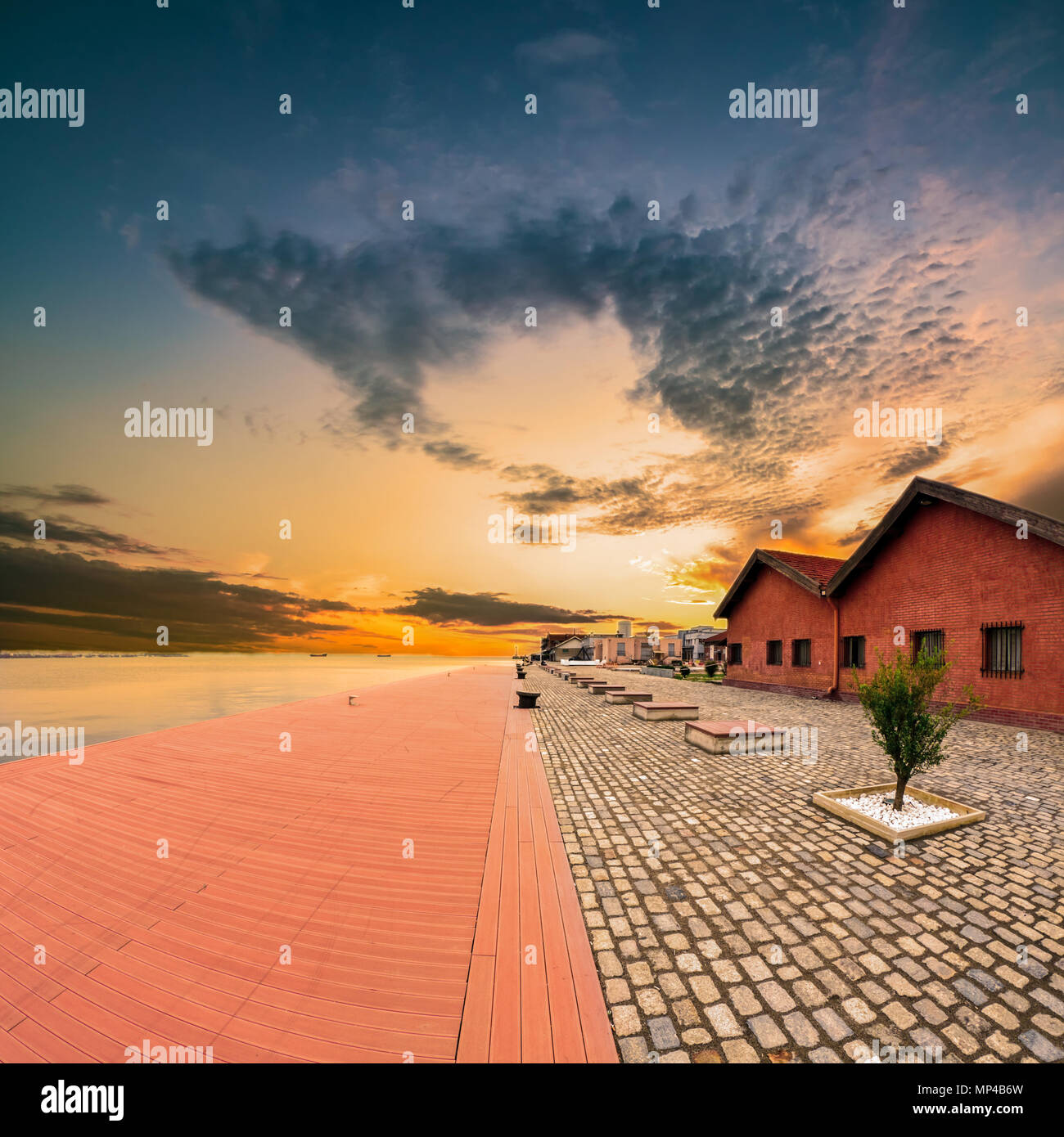 The Old Harbor of Thessaloniki at Sunset, Greece, captured with fisheye lens Stock Photo