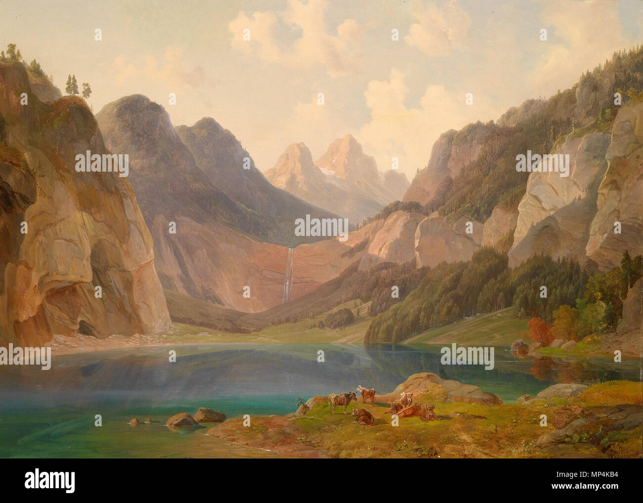 . Gebirgslandschaft mit ruhender Tierherde im Vordergrund, signiert M. Lueger, Öl auf Holzplatte, 70 x 95 cm . by 1883. Michael Lueger (1804-1883) 887 Michael Lueger Gebirgslandschaft Stock Photo