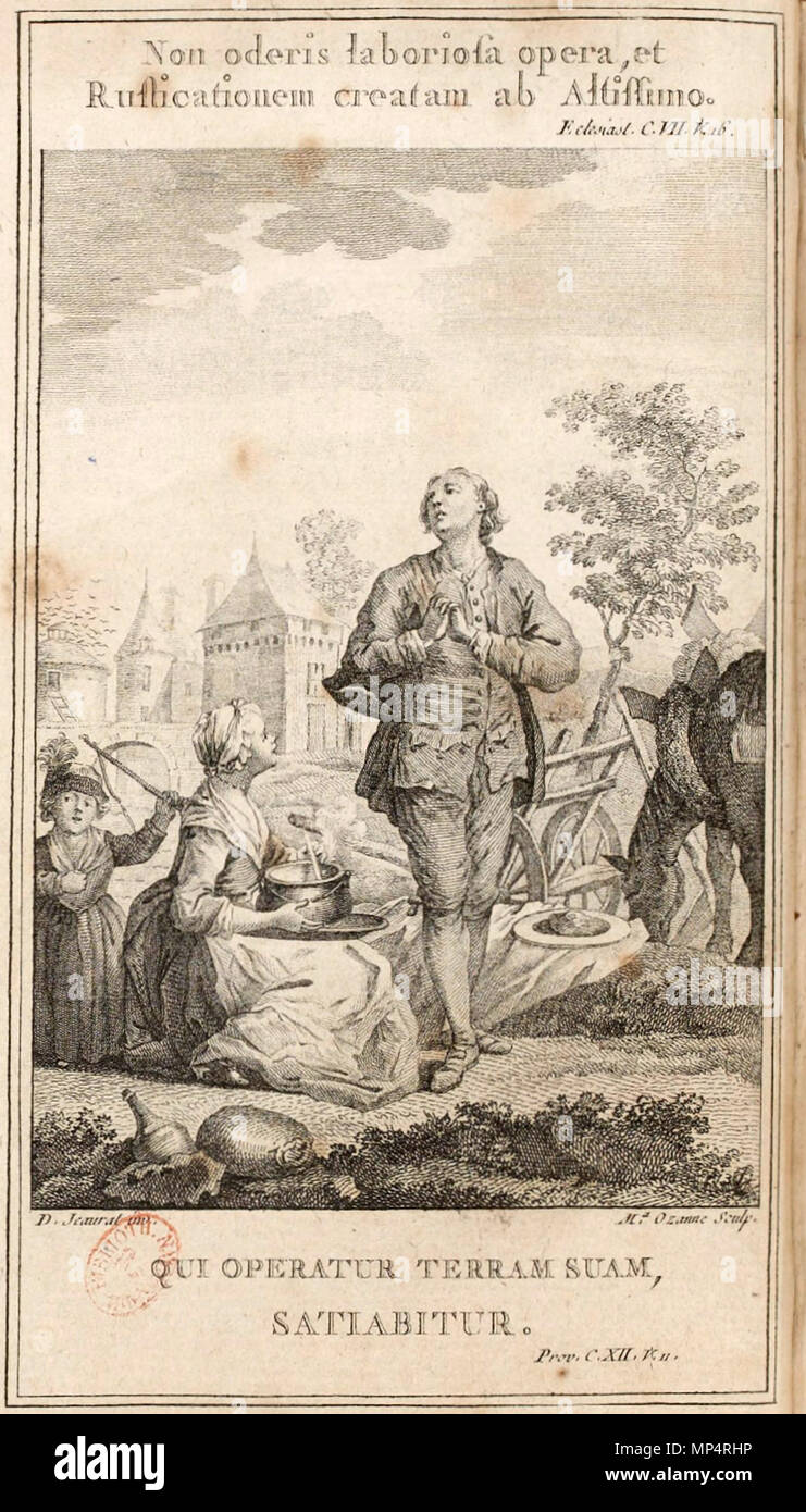 English: Qui operatur terram sum satiabitur. (He who works his land will  have plenty) Prov. C. XII. V. ii. . English: Front illustration of Pierre  Samuel du Pont de Nemours' Physiocratie ou