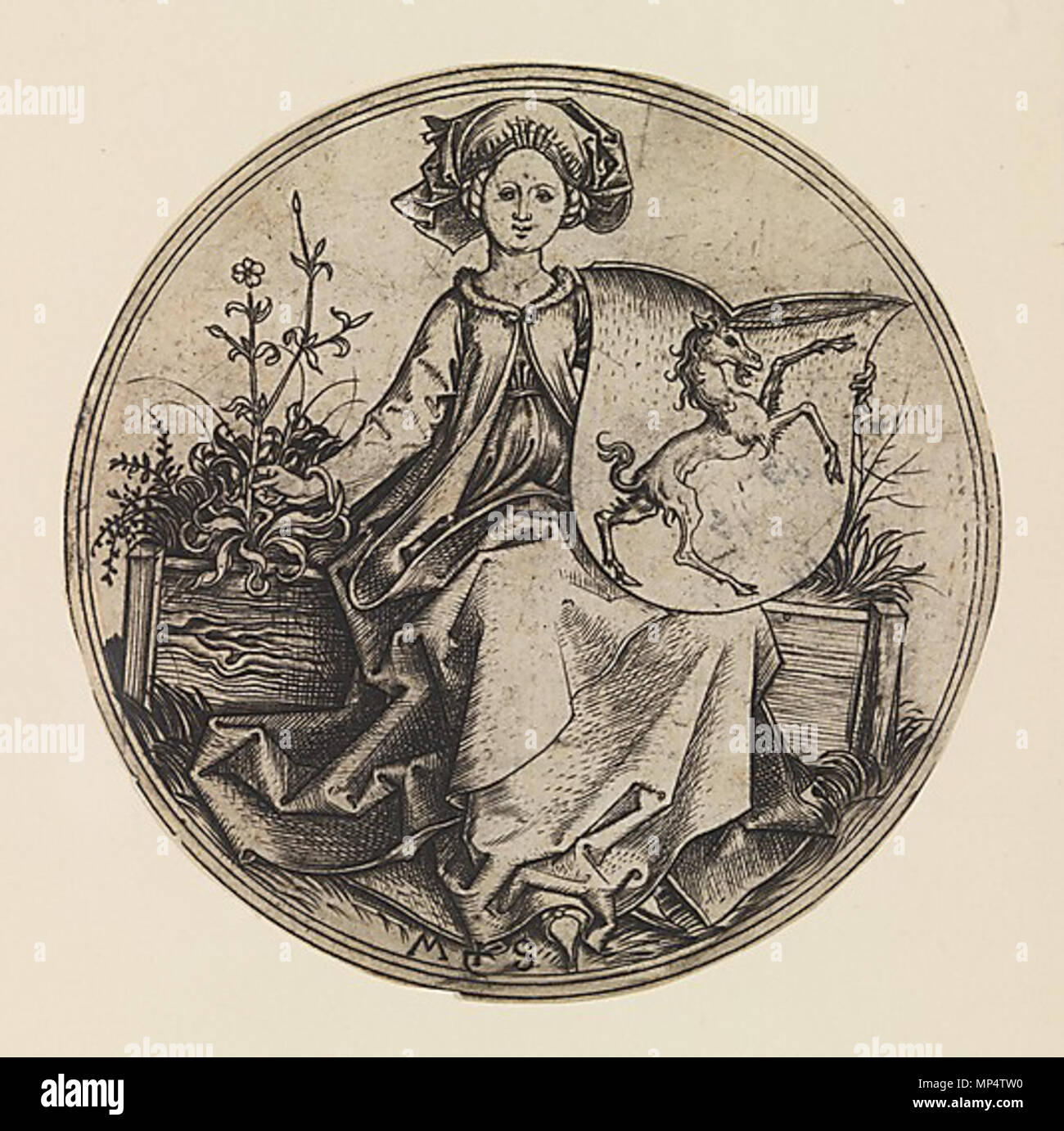 865 Martin Schongauer - Wappenschild mit Einhorn, von einer jungen Frau gehalten (L 96) Stock Photo