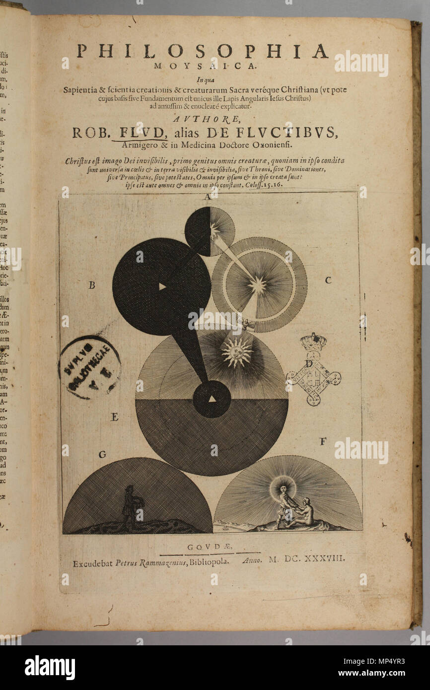 Philosophia Moysaica .  English: Title page of Philosophia moysaica. In qua sapientia & scientia creationis & creaturarum sacra vereque Christiana ... ad amussim & enucleate explicatur .... Goudae, Petrus Rammazenius, 1638. The Philosophia moysaica was Fludd’s last work and thus represents his final word on metaphysics, philosophy, and the cosmos. It was also the only work he had translated into English and thus was intentionally meant for a wider audience. . 1638. Robert Fludd 1287 Robert Fludd 1638 Philosophia Moysaica Stock Photo