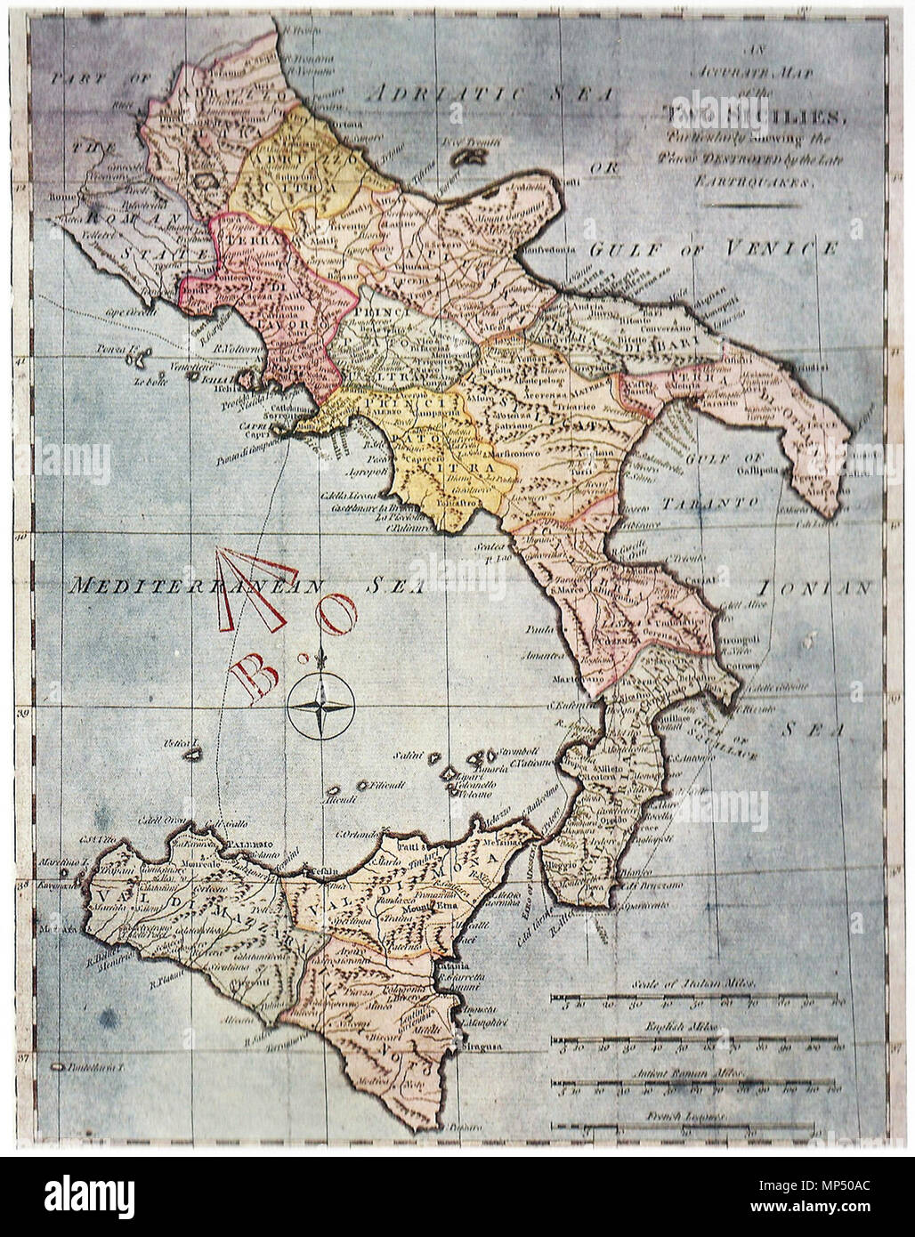 English: 'An accurate map of the (Kingdom of) Two Sicilies, particularly  showing the places destroyed by the late erthquakes' (Messina, 1783) .  1783. Unknown 1209 Two Sicilies 1783 Stock Photo - Alamy