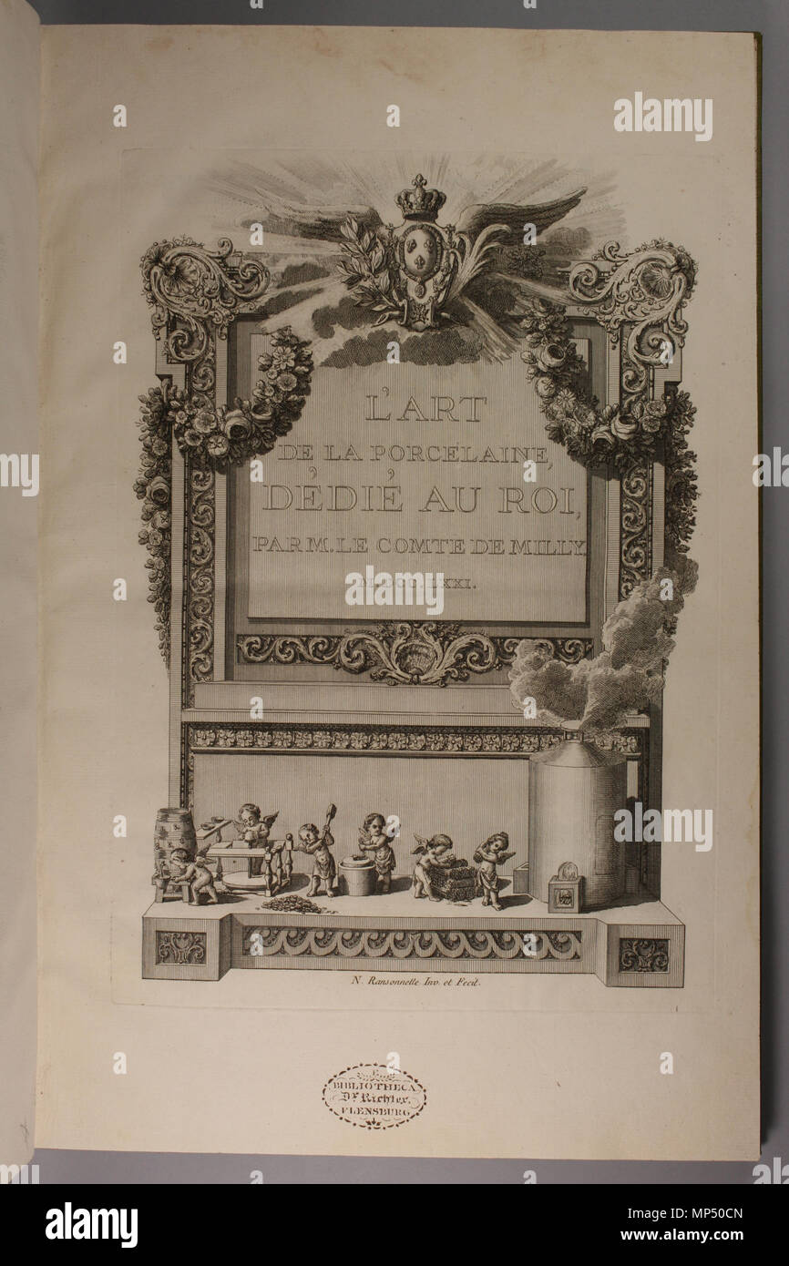 L'art de la porcelaine .  English: Title page of L'art de la porcelaine / par m. le comte de Milly. Paris : De l'Imprimerie de L.F. Delatour, 1771-1772. This book was published in the Descriptions des arts et métiers faites ou approuvées par messieurs de l’Académie Royale des Sciences, a 113-volume series devoted to handcraft and manufacturing processes. In it the Count de Milly published the secret of hard-paste porcelain, previously a closely guarded secret. . 1772. Milly, Nicolas-Christiern de Thy, comte de, 1728-1784. 1287 Nicolas-Christiern Milly 1771 L'art de la porcelain title Stock Photo