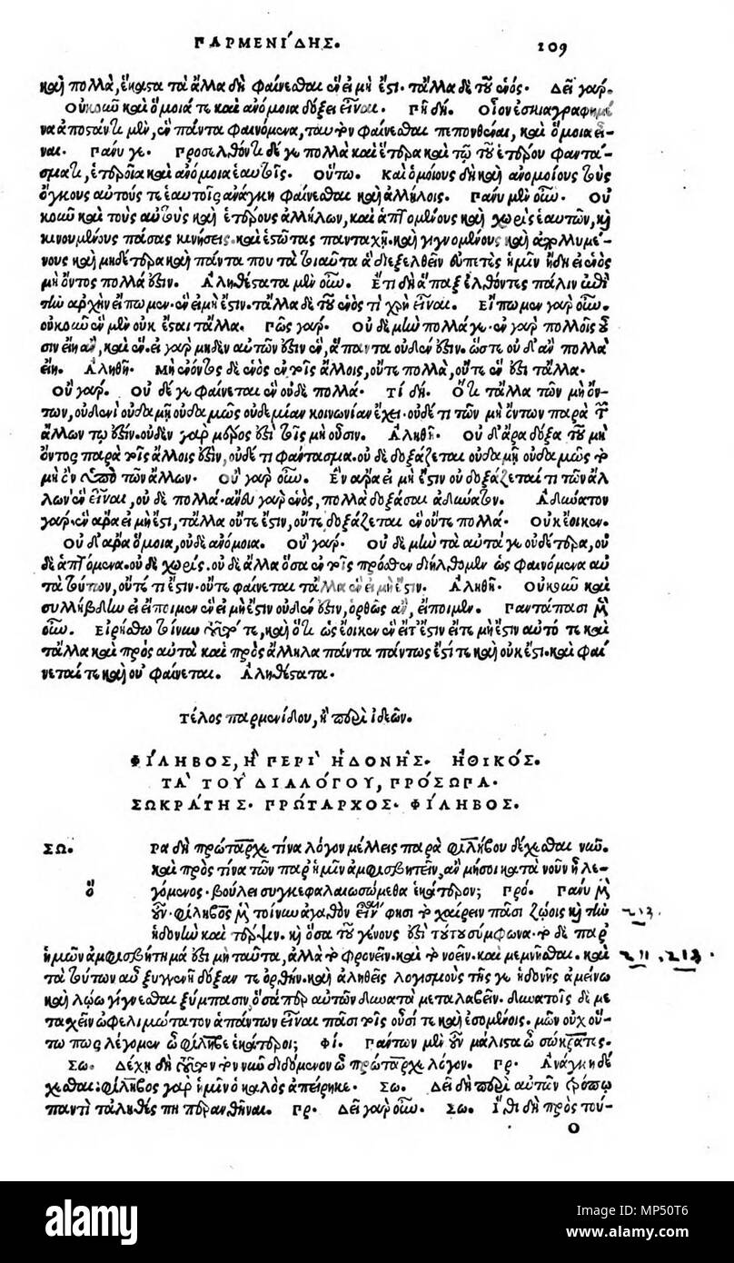 . English: Philebos beginning. Editio princeps, Venice 1513. Deutsch: Philebos, Anfang. Editio princeps, Venedig 1513. 1513. Plato (–427––347) Alternative names Platon; Bolatu; Platonas; Platone; Aplaton; Aristocles Description Greek philosopher and epigrammatist Date of birth/death 427 BC 347 BC Location of birth/death Classical Athens Classical Athens Authority control : Q859 VIAF: 108159964 ISNI: 0000 0001 2096 469X ULAN: 500248317 LCCN: n79139459 NLA: 35425332 WorldCat 981 Philebos beginning. Editio princeps Stock Photo
