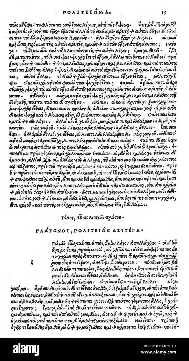 . English: Politeia II beginning. Editio princeps, Venice 1513. Deutsch: Politeia II, Anfang. Editio princeps, Venedig 1513. 1513. Plato (–427––347) Alternative names Platon; Bolatu; Platonas; Platone; Aplaton; Aristocles Description Greek philosopher and epigrammatist Date of birth/death 427 BC 347 BC Location of birth/death Classical Athens Classical Athens Authority control : Q859 VIAF: 108159964 ISNI: 0000 0001 2096 469X ULAN: 500248317 LCCN: n79139459 NLA: 35425332 WorldCat 1012 Politeia II beginning. Editio princeps Stock Photo