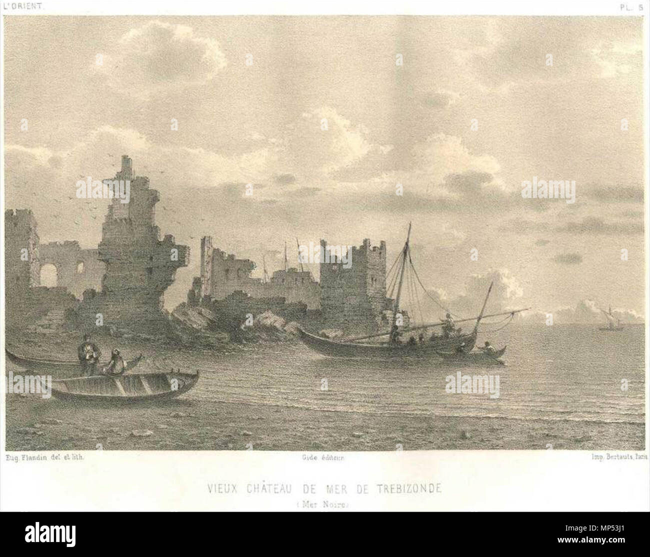 .  English: (Leonkastron?) castle in Trebizond, Turkey. . 20 November 2013, 21:25:15.    Eugène Flandin  (1809–1889)      Alternative names Jean-Baptiste Eugène Napoléon Flandin  Description French archaeologist, orientalist, painter and politician  Date of birth/death 15 August 1809 29 September 1889  Location of birth/death Naples Tours  Work location France, Iran  Authority control  : Q1283407 VIAF: 24715991 ISNI: 0000 0000 8103 4958 ULAN: 500022944 LCCN: n84223949 NLA: 35622958 WorldCat 1234 View of a castle by the sea at Trebizond Stock Photo